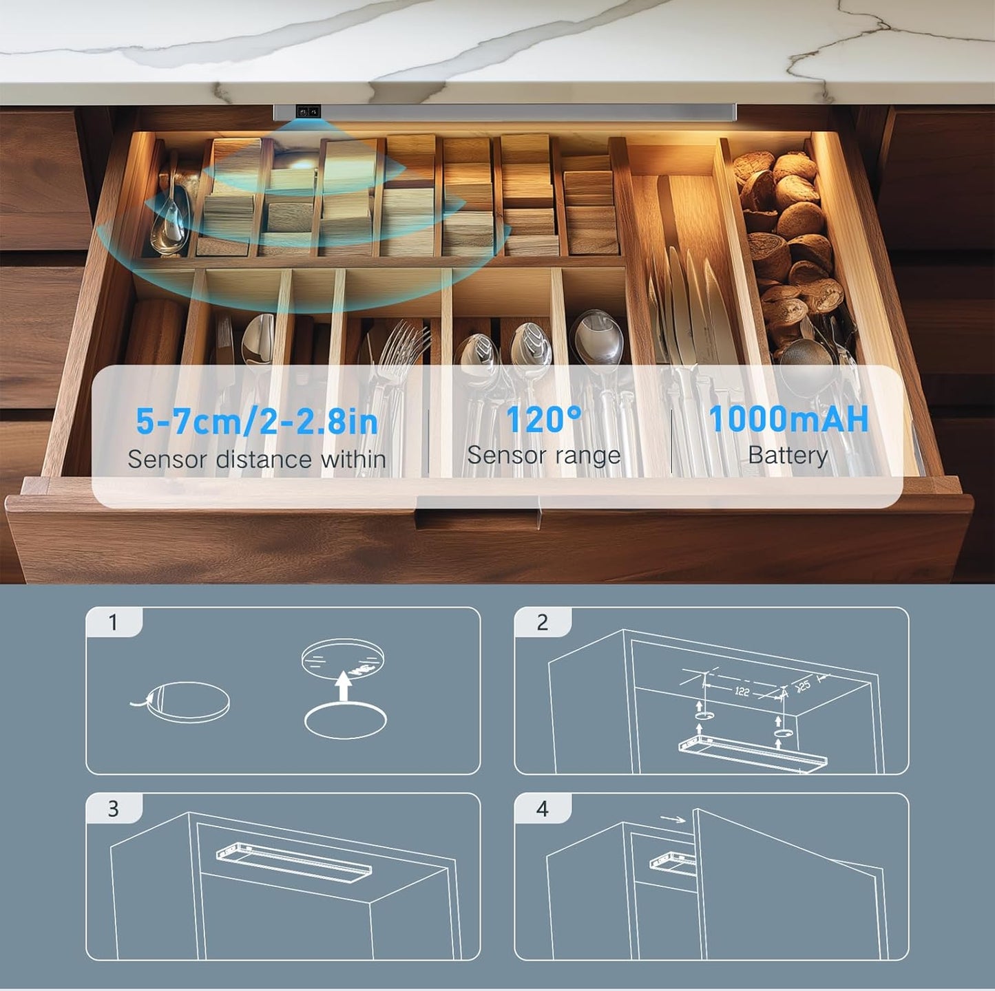 VST Rechargeable Drawer Lighting, Door Open Automatic ON/Off Light, Stick-ON LED Cabinet Light for Wardrobe Kitchen Basement Trunk Pantry Gun Safe (2 Pack, Warm Light - 3000K)