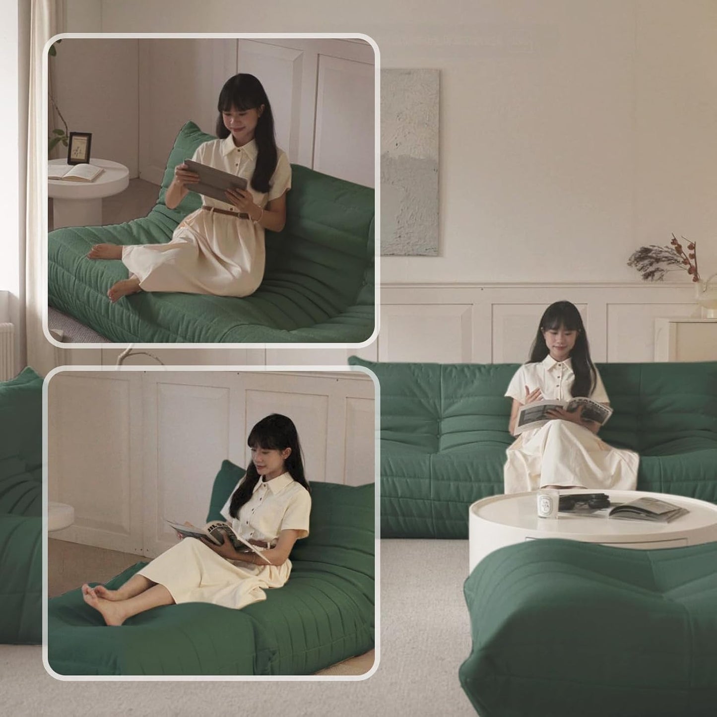 Luxury Ottomans, Modern Square Foot Rest for Sofa Couch Chair, Lazy Floor Seating, Fireside Bean Bag Chair, Tatami Sofa Lounger for Living Room, Bedroom, Office, Green