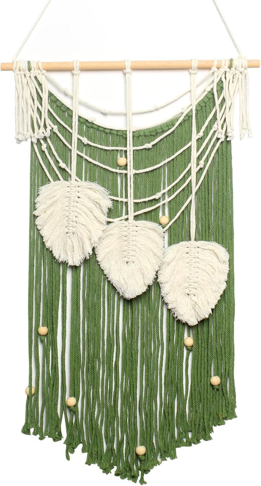 JONKASIPA Macrame Wall Hanging Bohemian Handmade Leaf Feather Wall Art Decorations, Green fringe Chic Home Decor for Apartment Dorm Living Room Bedroom