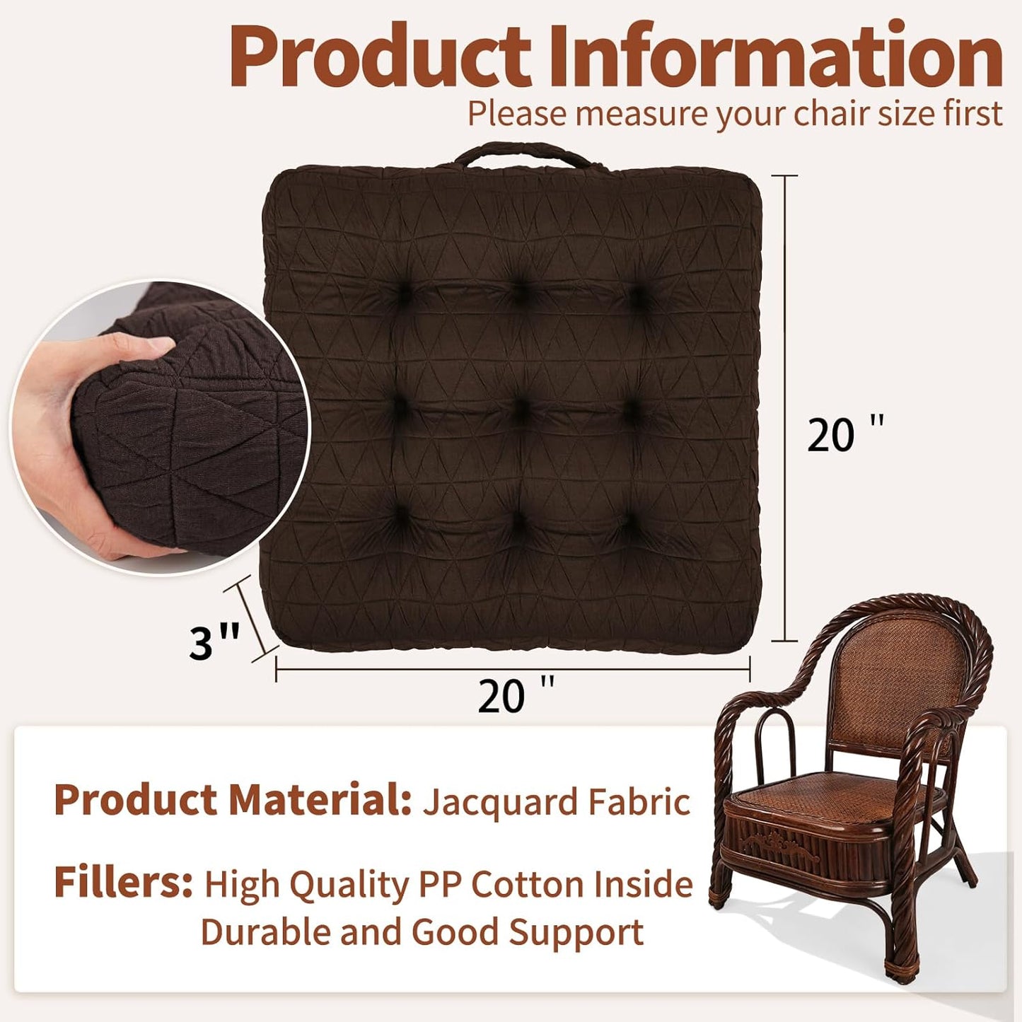 Large Chair Cushions with Handle, 20"x 20" Bite-Size Memory Foam Seat Cushions for Wicker Chair, Patio Non-Slip Rattan Chair Pads, Square Floor Cushion, Brown