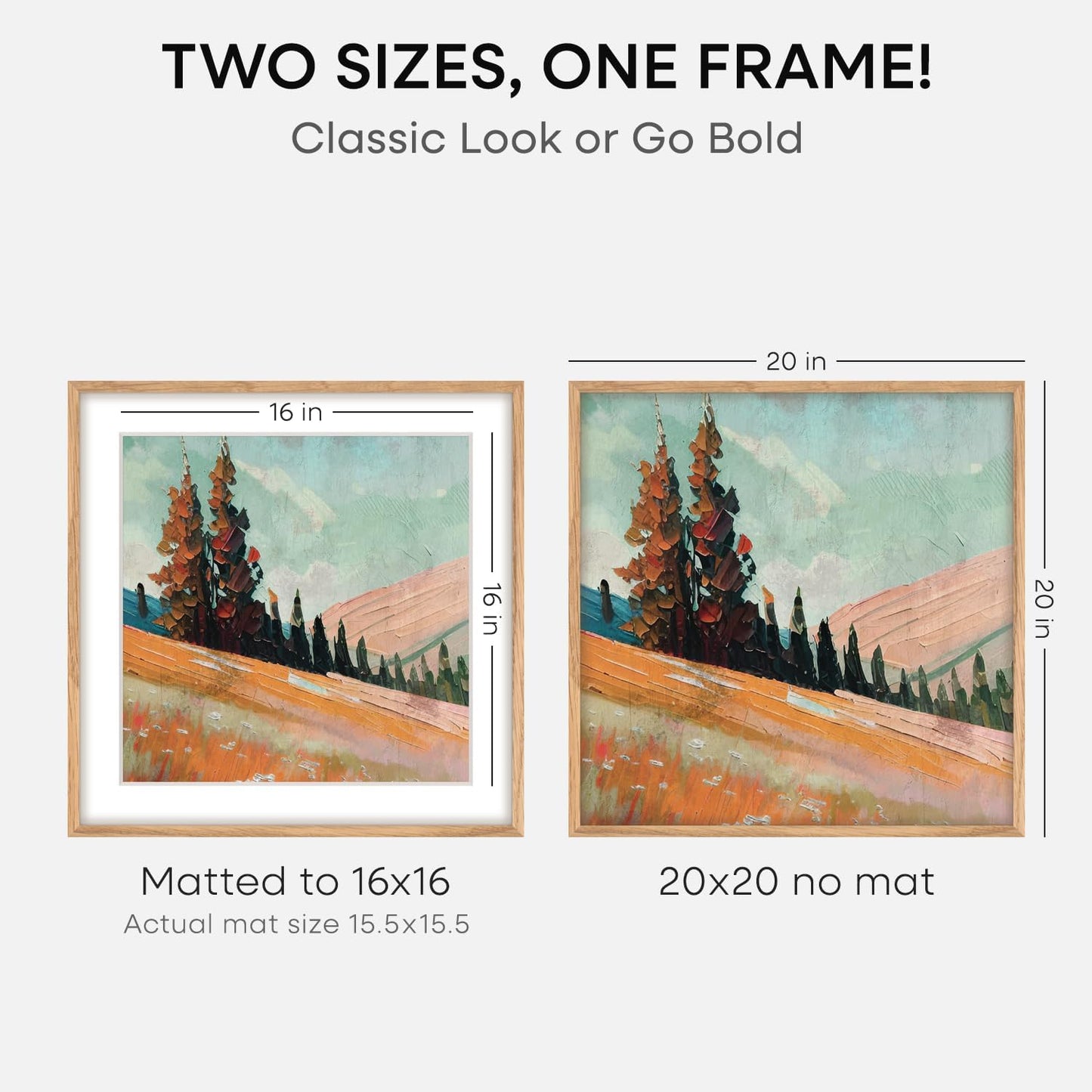 Homeforia 20x20 Wood Picture Frame, High End Natural Oak 20 x 20 Square Light Wooden Frames with Mat 16 by 16 inch Photo, 20by20 Poster Frames Matted to 16x16 Print, Tempered Glass, Wall Kit, Set of 1