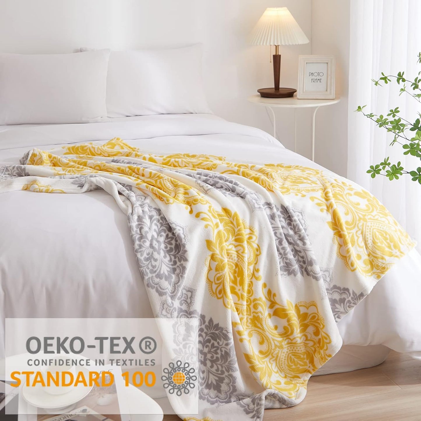 CASAAGUSTO Boho Throw Blanket - Yellow and Gray Damask Decorative Blankets with Tassel, Printed Flannel Bohemian Blanket for Chair, Bed, Sofa, Couch(50 * 60, Yellow and Gray Damask)