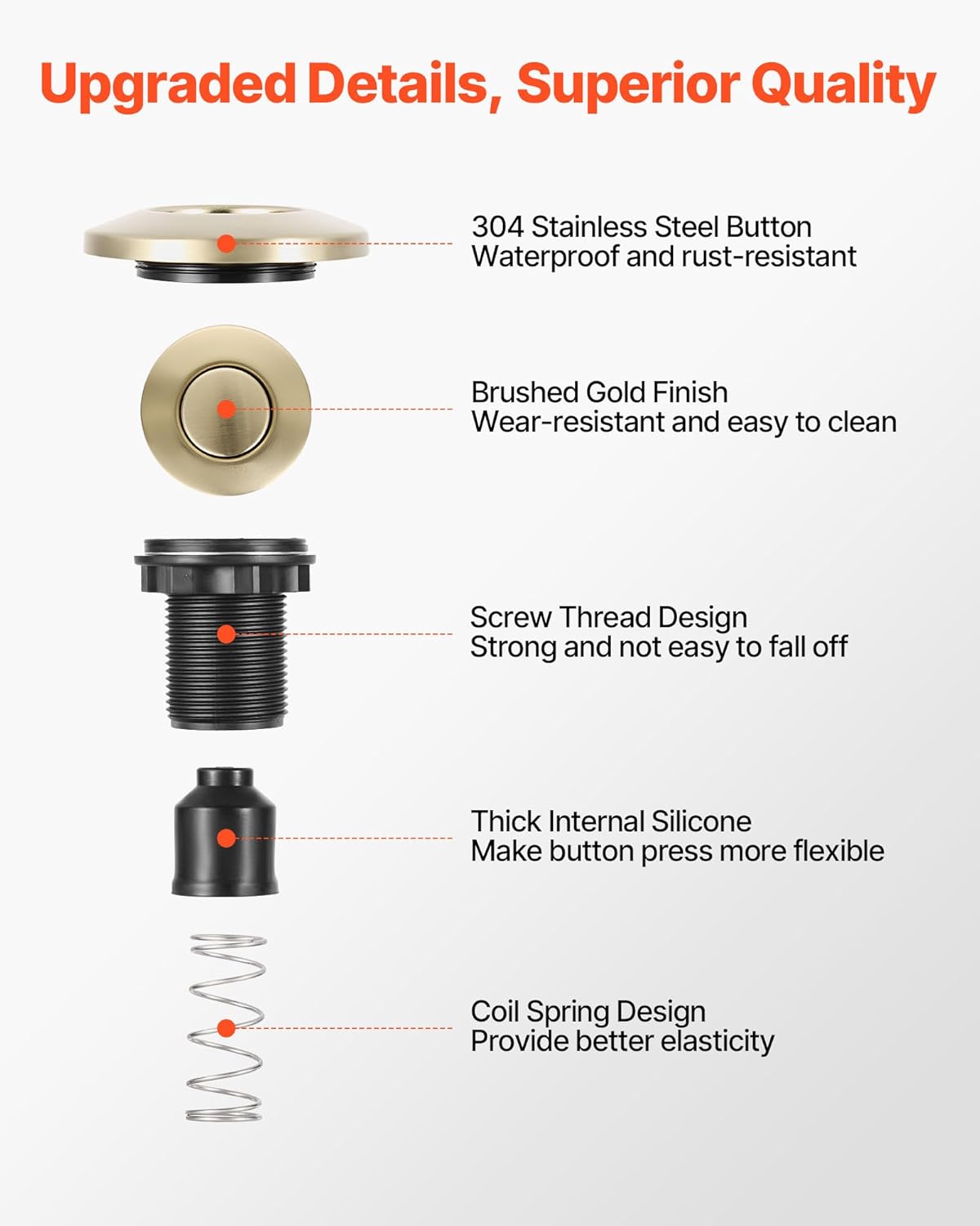 VEVOR Garbage Disposal Air Switch Kit, 2.5" Sink Top Air Switch for Food Waste Disposal, Brushed Gold Stainless Steel ON/OFF Air Button for Waste Disposer - Suitable for Stainless Steel Countertops