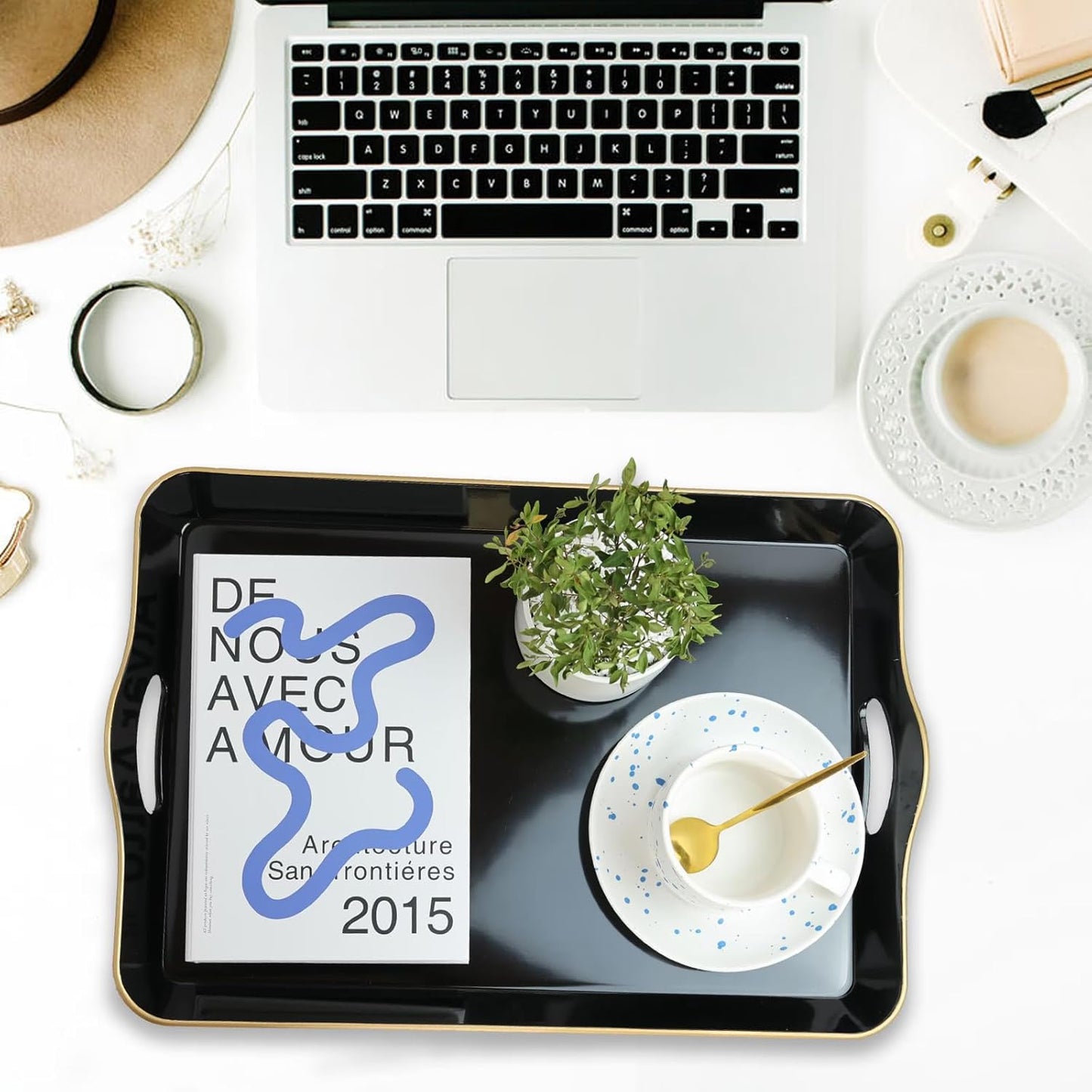 Spsyrine Large Black Serving Tray with Handles, Plastic Decorative Tray for Coffee Table, Ottoman, Bathroom, Home Decor 17.3"*11.8"*2"