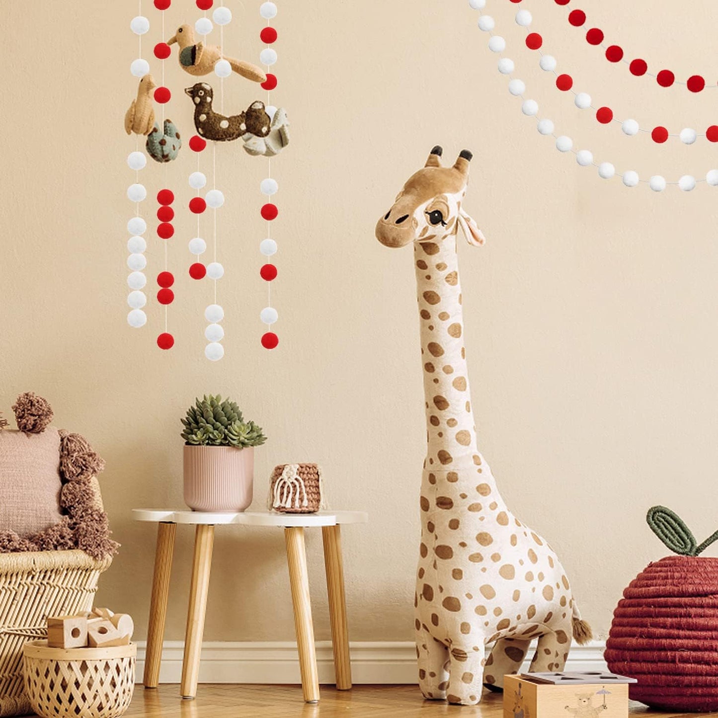 Jishi 3-Pack Pom Pom Garland Red and White Felt Ball Ornament Garland Christmas Decorations, Cute Pompom Strings for Christmas Tree Decor, Xmas Holiday Party, Birthday Banner - 6.6 Feet Long, 24 Balls