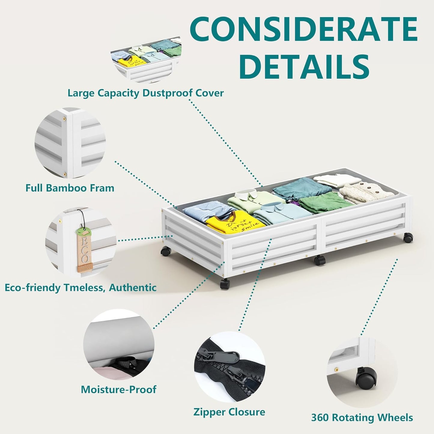 Bamboo Under Bed Storage Containers- Underbed Organizer with Wheels with Large Dust Bag,Sturdy Wood Rolling Under the Bed Shoe Storage Organizer Drawer 2 Packs (White, Long)