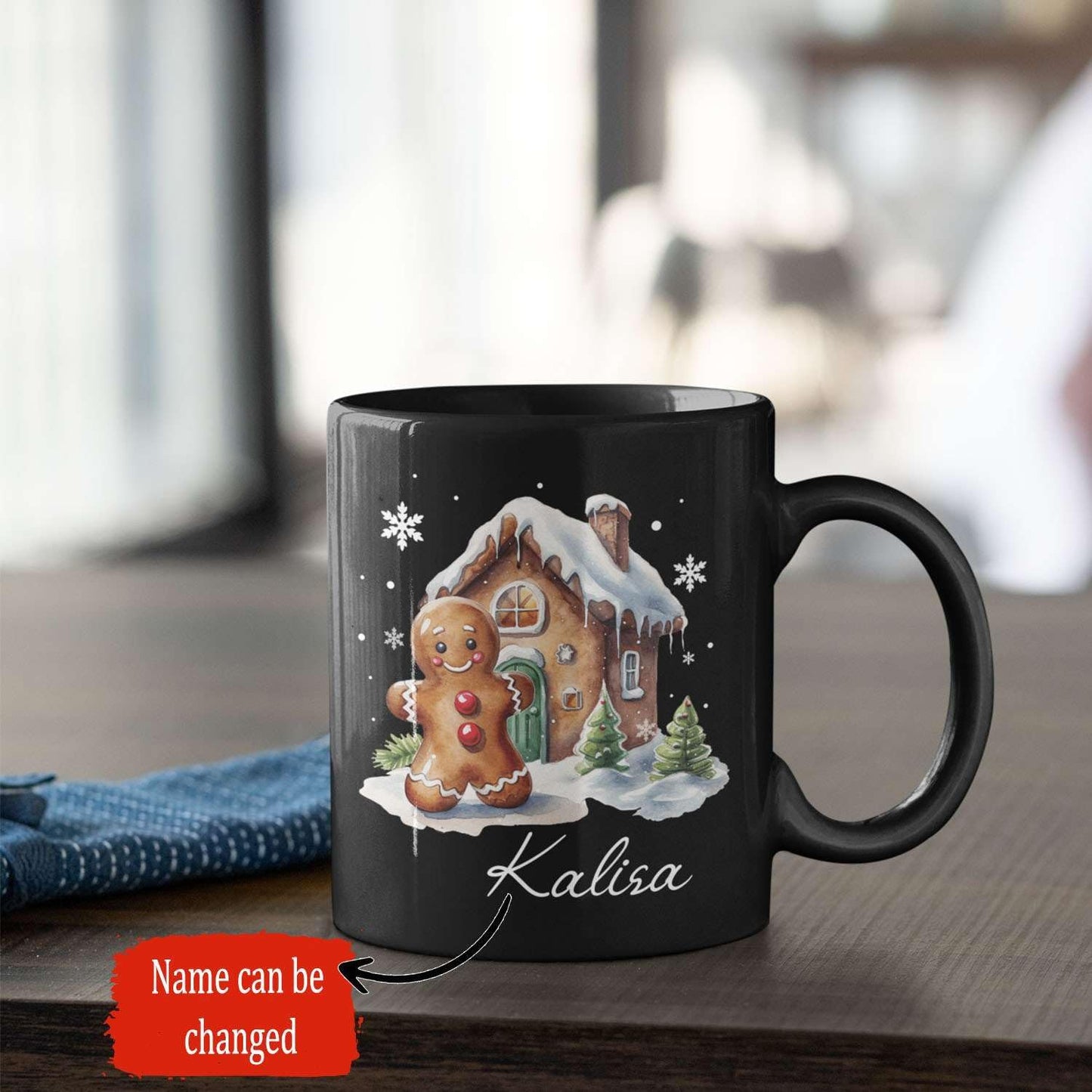 Personalized Christmas Gingerbread Black Cup, Christmas Gingerbread House Design Mug, Customized Name Christmas Coffee Cup 11oz 15oz, Custom Xmas Themed Ceramic Mug, Gift For Son Daughter