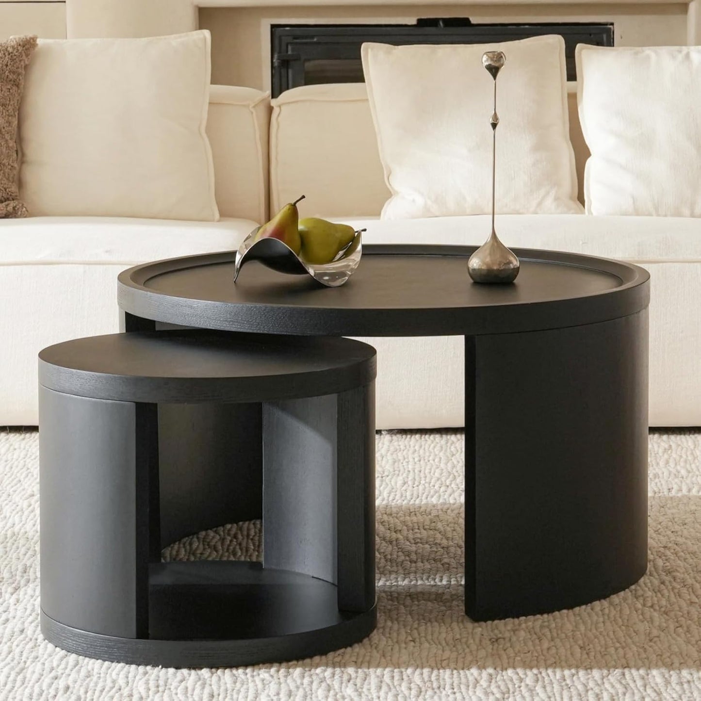 Round Nesting Coffee Table Set of 2,31.5" Large & 18" Small Low Tables with Wood Look Top,Space-Saving Side Tables for Living Room,Bedroom,Office,Minimalist Center Table Set (Black, L+S)
