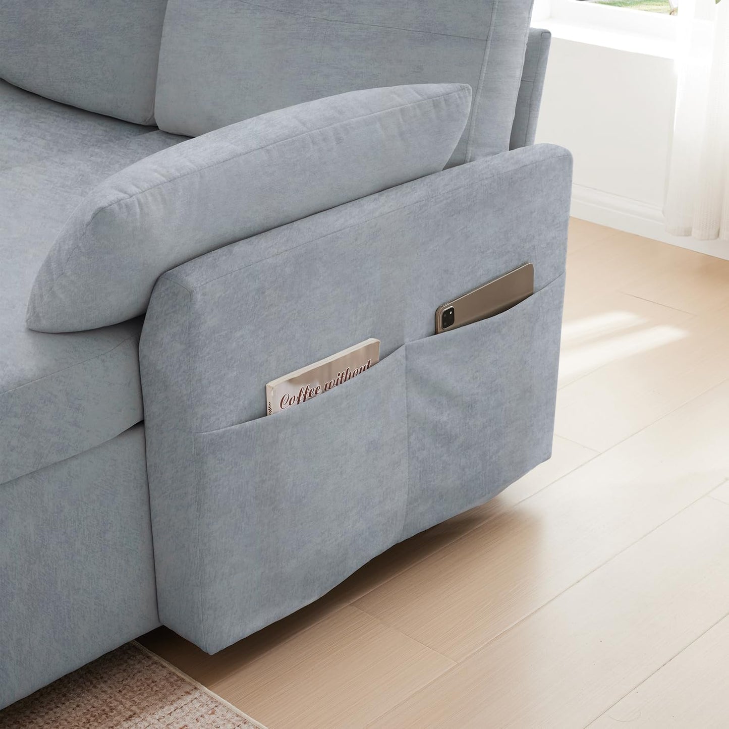 Waxberry Sectional Sofa Couch, Pull Out Couch Sleeper Sofa Bed with Storage for Living Room, Reversible Chaise, Side Pockets & Dual USB/Type-C Ports, Grey