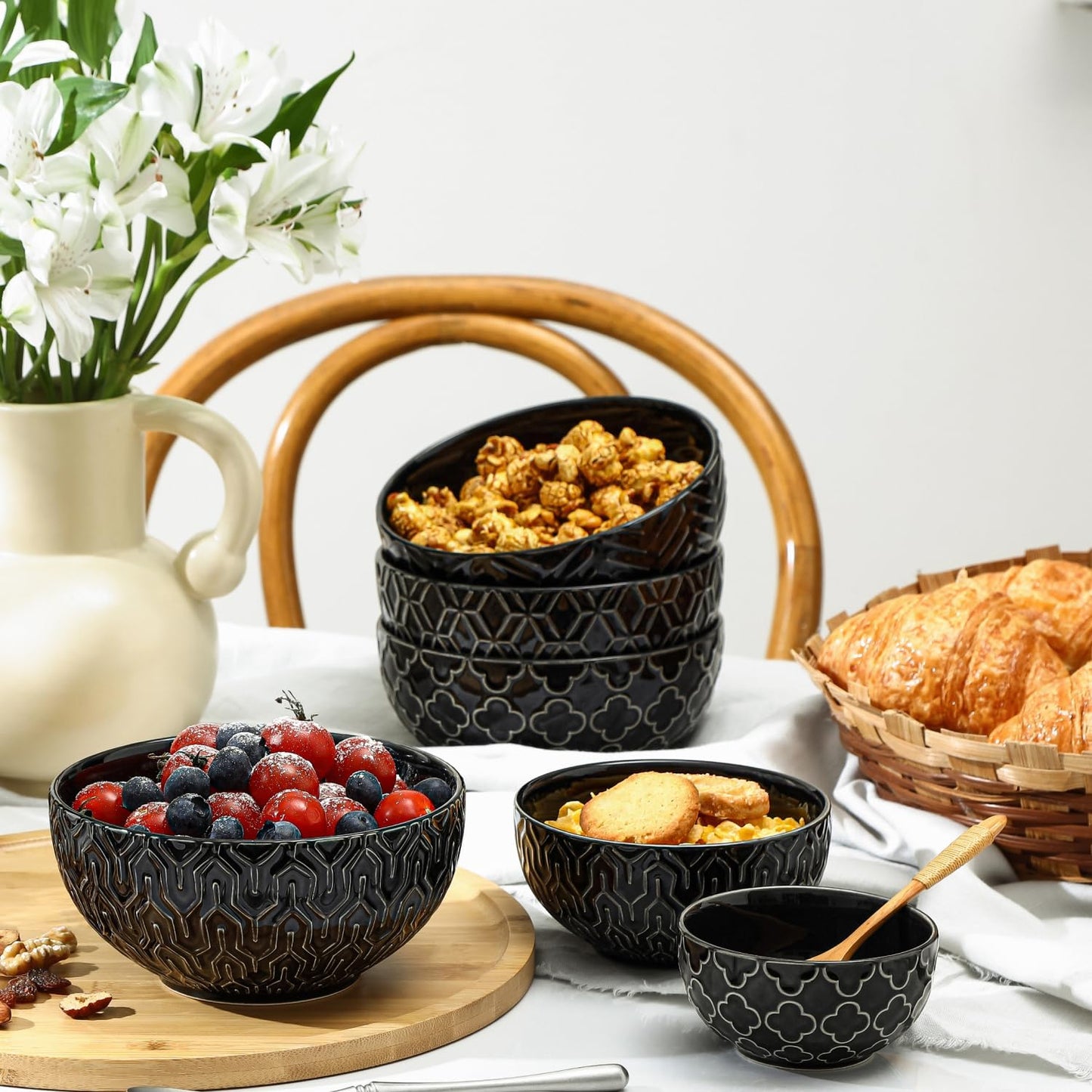 Sureasy Ceramic Ice Cream Bowls, 12oz Embossed Dessert Bowls Set, 4.6 Inch Stoneware Small Bowls for Snack, Sauce, Fruits, Microwave and Dishwasher Safe, Set of 4, Black