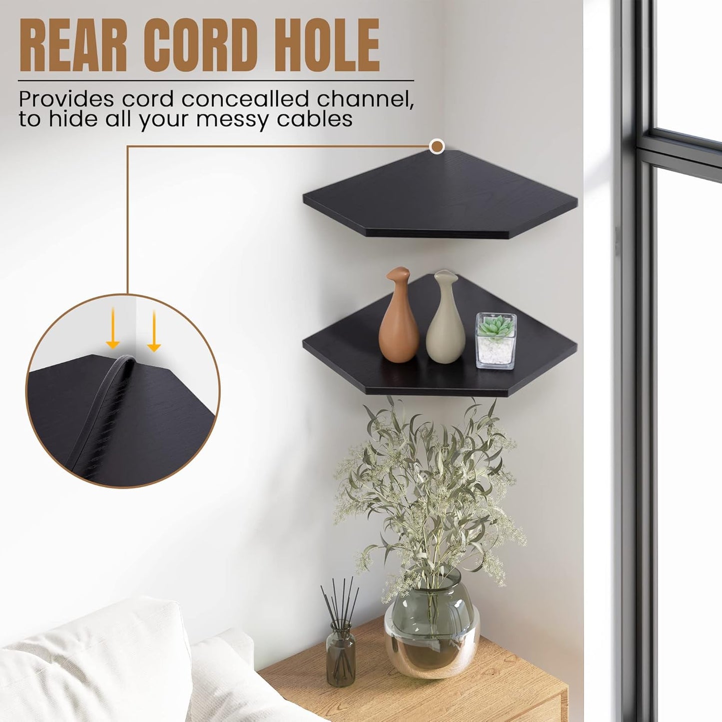 Corner Shelf Wall Mount, Floating Corner Shelves, Set of 4 Corner Wall Shelf Organizer, Rustic Wood Wall Storage Display Shelves for Living Room Bedroom Bathroom Kitchen, Classic Black