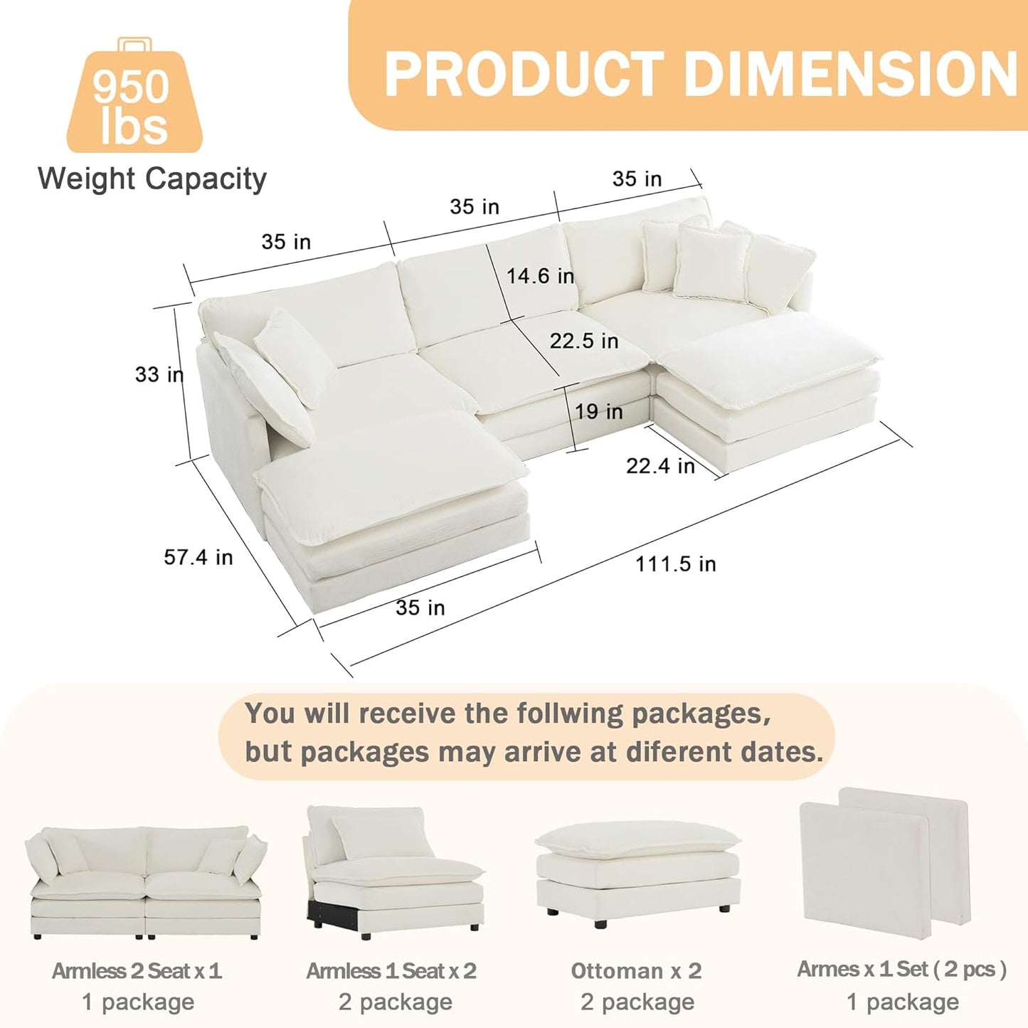 Sectional Sofa 3 Seater with Movable 2 Ottomans,Oversized Modular Couch Deep Seat (Beige, 111.5 inch-U)