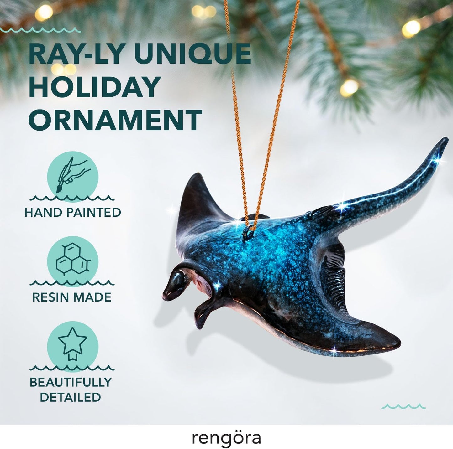 Hand-Painted Beach Christmas Ornament – Coastal Tree Decoration for Ocean Lovers – Unique Nautical Ornament for Christmas Tree or Stocking Stuffer Gift (Manta Ray)