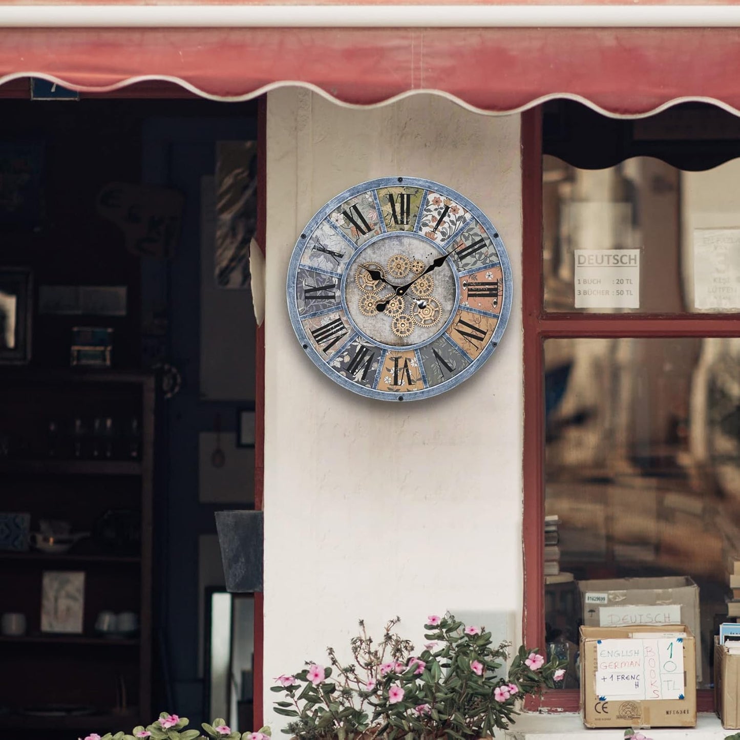 Unique Moving Gear Large Wall Clock - Battery Powered. Retro Industrial Steampunk Country Farmhouse Decor for The Living Room Kitchen Bars cafes and Offices (Blue/Metal/Round)