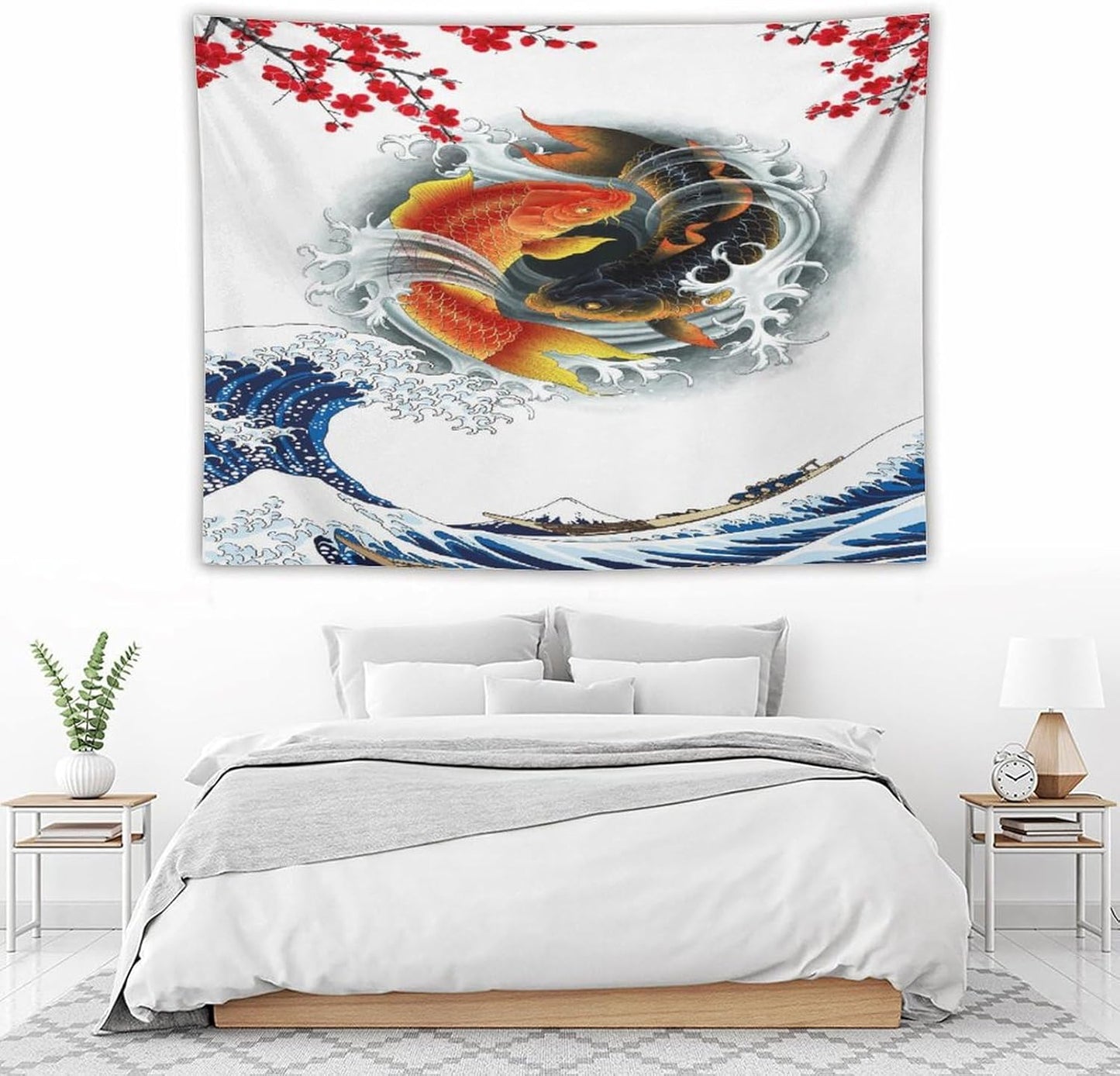 Houselerax Koi Fish Tapestry, Japanese Style Yin Yang Big Wave Cherry Blossoms Tapestries Wall Hanging for Bedroom Living Room Office Decor 80"x60"