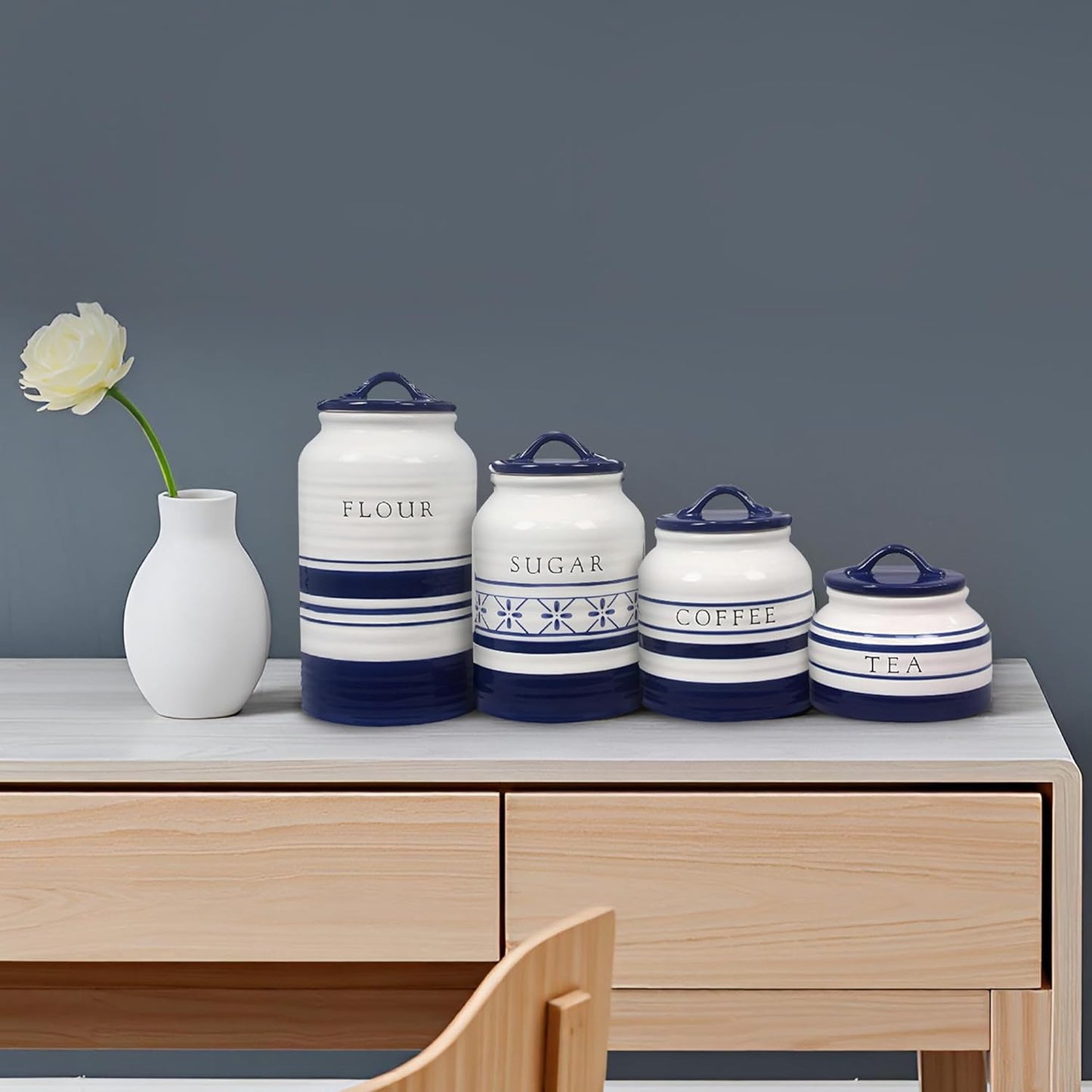 Young's 4 Piece Ceramic Canisters Sets for Kitchen, Country Style Ceramic Containers for Flour, Sugar, Tea and Coffee, Storage Containers with Lids 10.75"