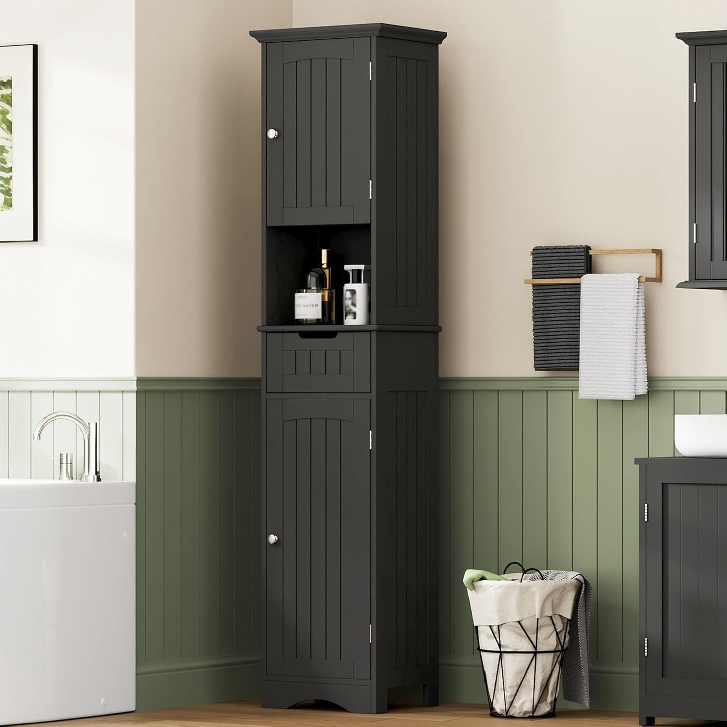 ChooChoo 67" Tall Bathroom Storage Cabinet Freestanding with Adjustable Shelves, Narrow Storage Linen Cabinet with 2 Doors and 1 Drawers for Bathroom, Living Room, Kitchen, Black