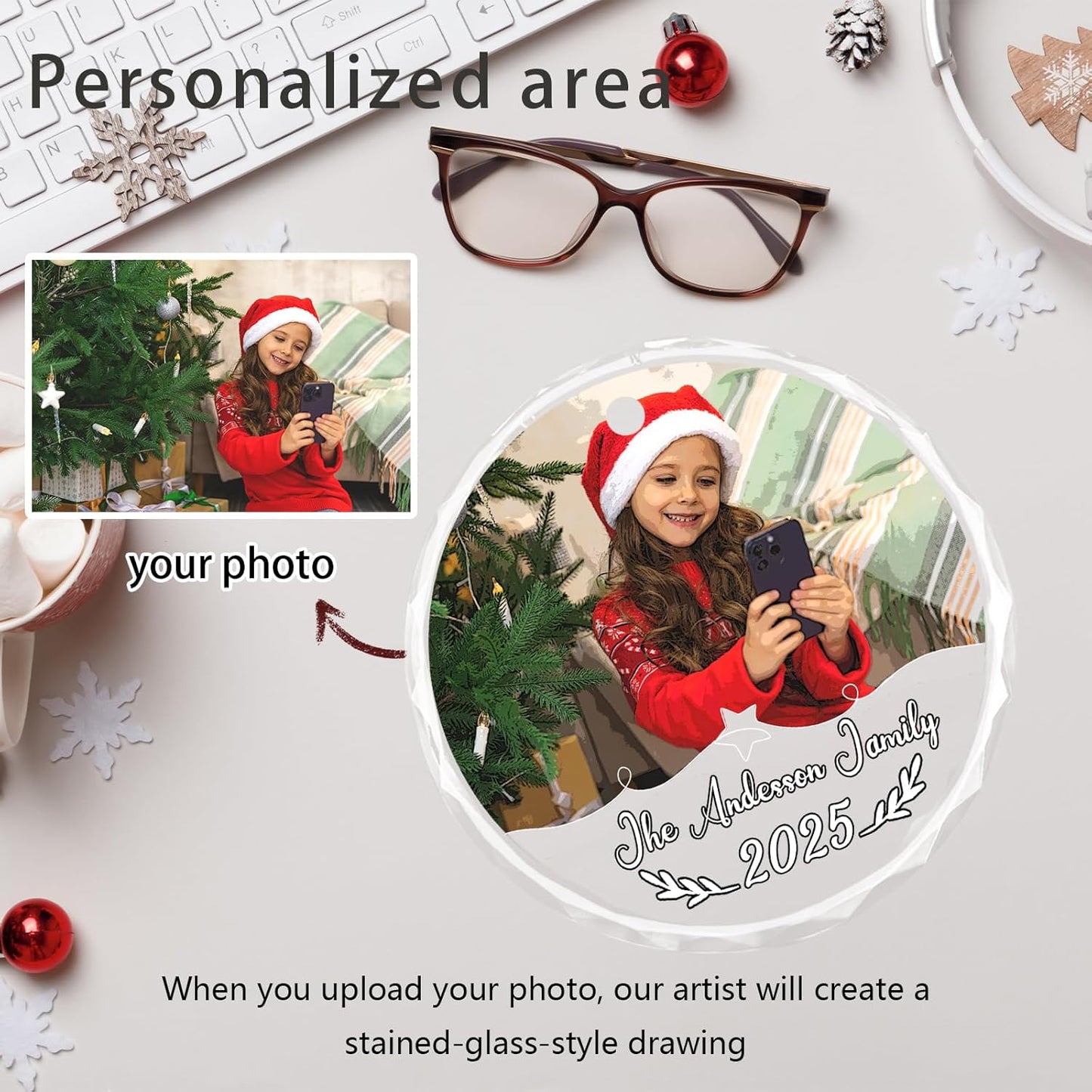 Personalized Christmas Ornaments, Custom Glass Ornament with Photo/Text/Date,Customized Christmas Tree Decor Gifts for Family, Dad, Mom, Him, Her, Couple