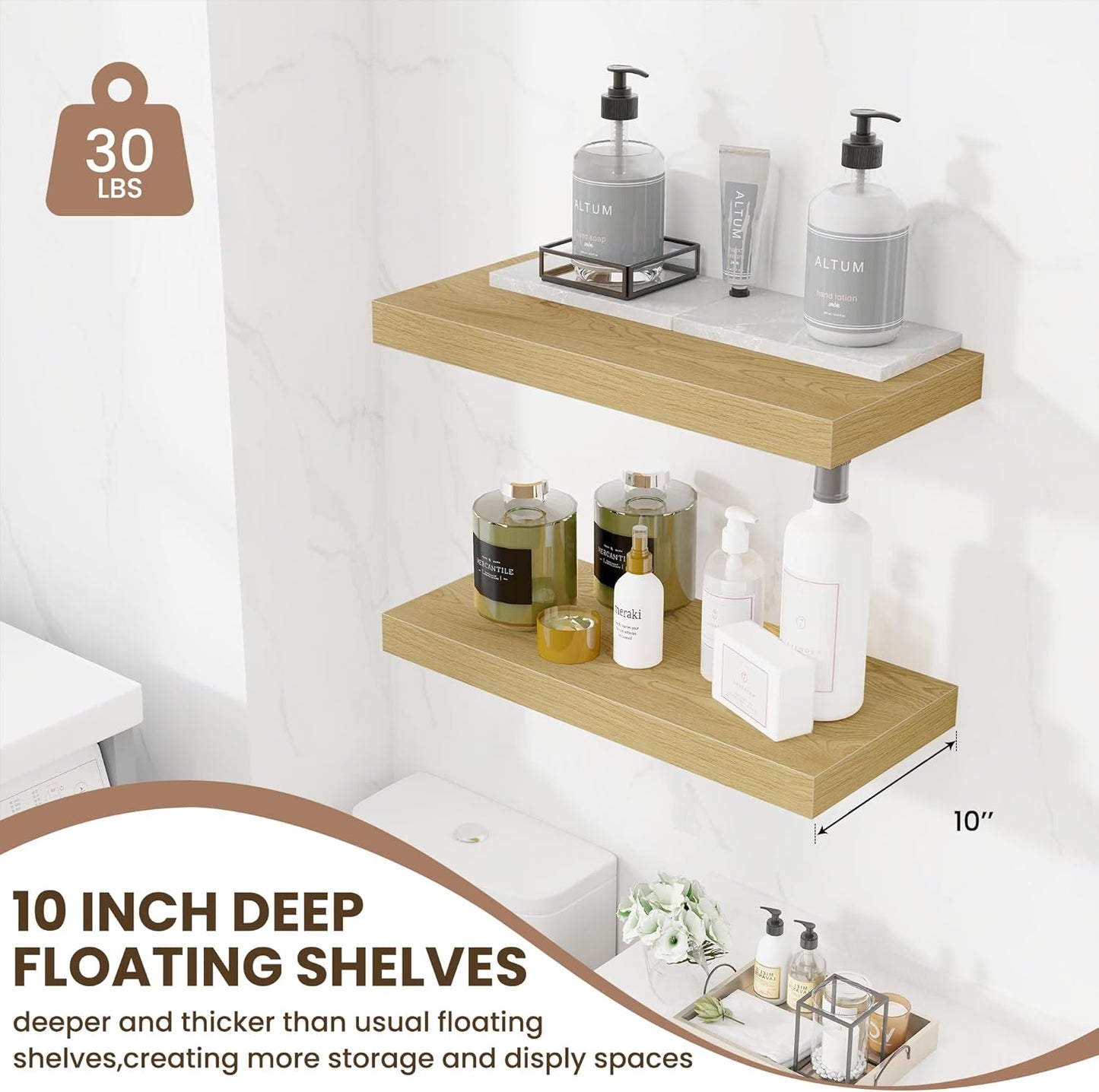 Fun Memories 24 Inch Floating Shelves Wall Mounted, 10 Inch Deep Wall Shelves, 24 x 10 Floating Shelf for Living Room Bathroom Bedroom, Oak, Set of 2