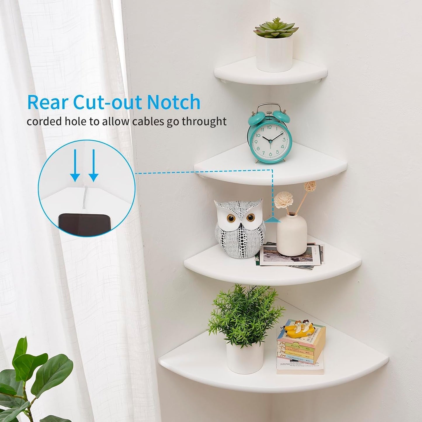 Corner Shelf, Solid Oak Wood Floating Corner Shelf Wall Mount Round End Floating Speaker with Wire Hole for Small Plant Photo for Bedroom Kitchen, Living Room White