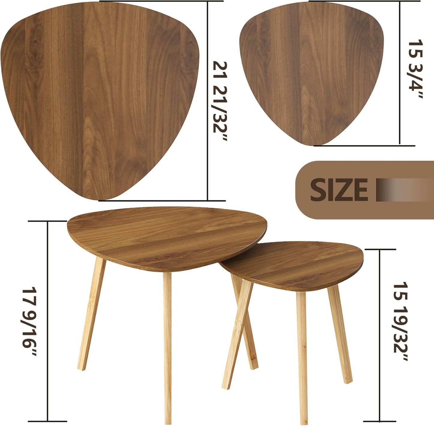 BAMEOS Bamboo Nesting Triangle End Table,Set of 2 Coffee Table Modern Minimalist Side Table for Living Room (Walunt)