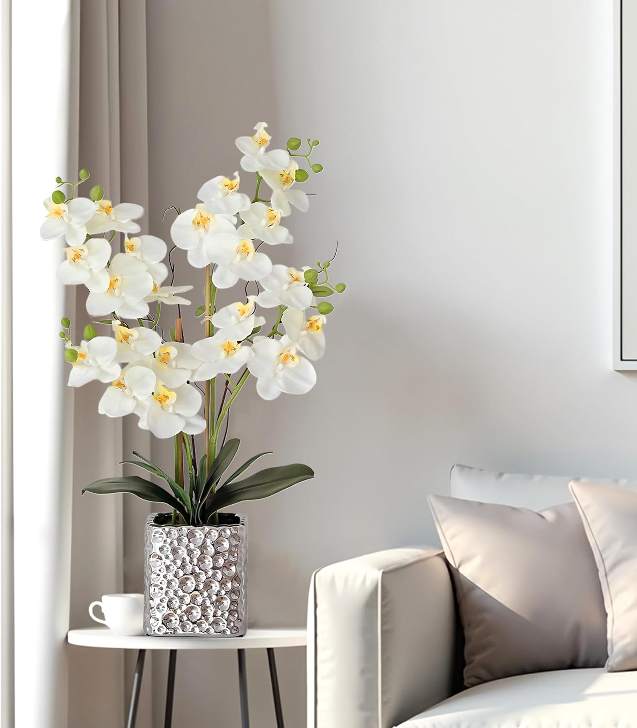 Orchid Artificial Flowers with Sliver Vase Large Silk Faux Phalaenopsis Flowers for Dining Room Table Floral Centerpieces Indoor Decoration,White