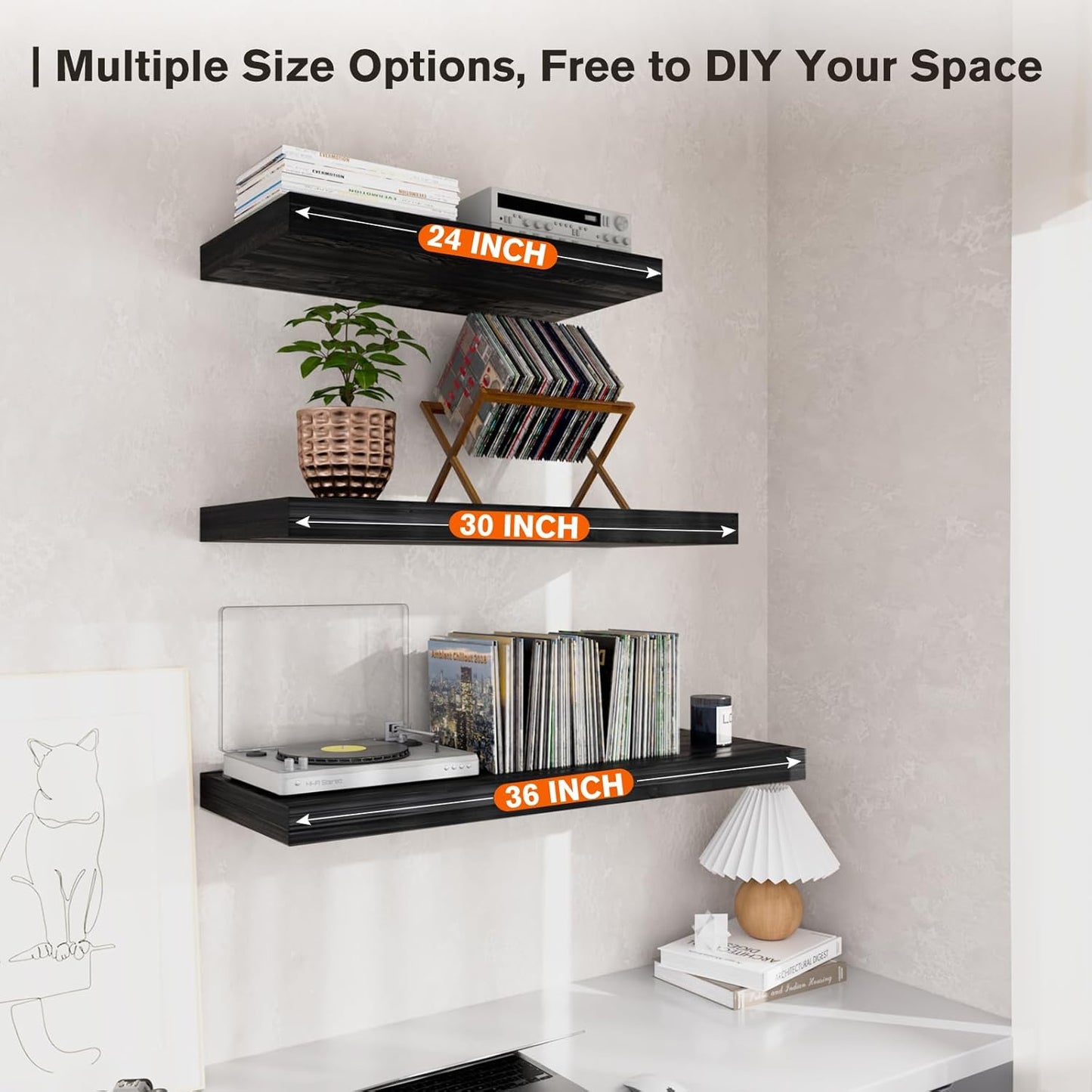 Large Floating Shelves for Wall Set of 1 Wooden Wall Shelves 36 in x 12.75 in x 2 in Room Decor Long Shelf with Invisible Wall Mount Bracket for Bedroom Kitchen Living Room Black Wood