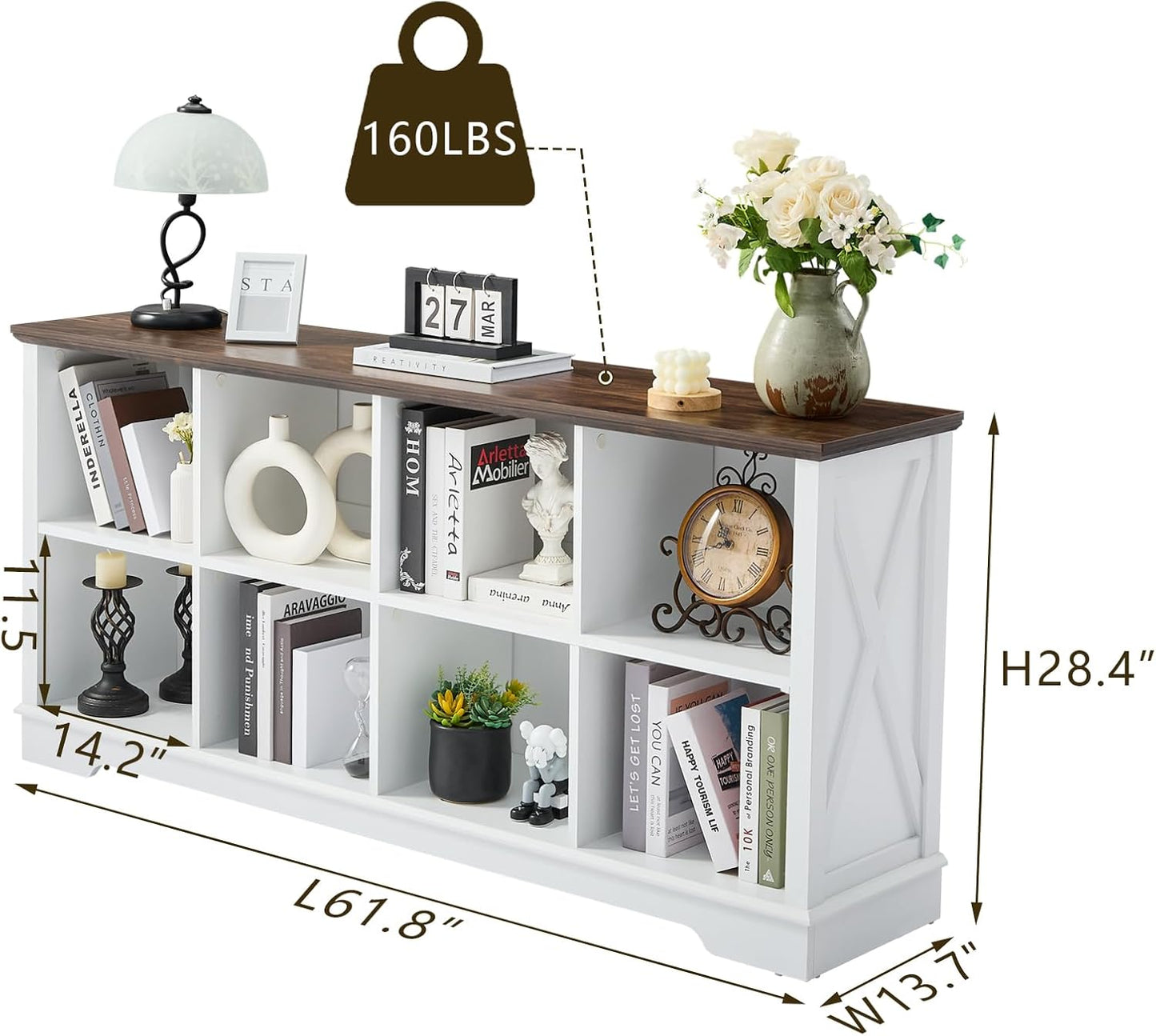 Farmhouse 8 Cube Bookshelf, White Storage Organizer Bookcase, Kids Toy Storage Cabinet, Long Bookshelves Storage Organizer Shelf, Wood Display Cabinet Book Shelves for Bedroom,Living Room,Office