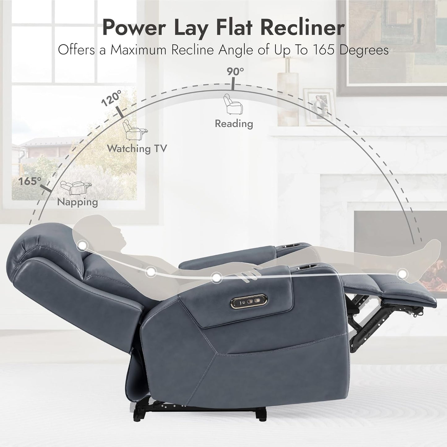 Watson & Whitely Genuine Leather Power Recliner Chairs for Adults, Lay Flat Recliner with Power Headrest, USB Ports and Cup Holders, Electric Reclining Sofa for Living Room, Bedroom, Navy