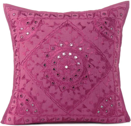 Eyes of India Embroidered Decorative Boho Throw Pillow Cover with Mirrors, Handmade Bohemian Accent Cushion Case for Sofa Couch Bedroom Living Room (Burgundy, 16" x 16")