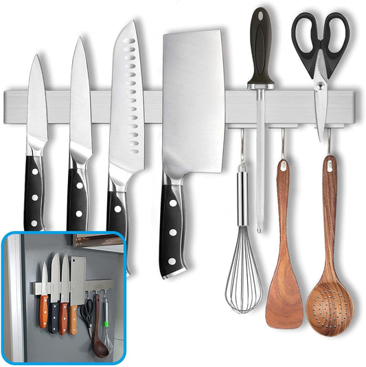 16 Inch Magnetic Knife Holder for Refrigerator - Knife Magnetic Strip for Fridge with Magnetic Hooks - Double Sided Magnetic Knife Bar - Stainless Steel Kitchen Magnetic Knife Hanger Rack
