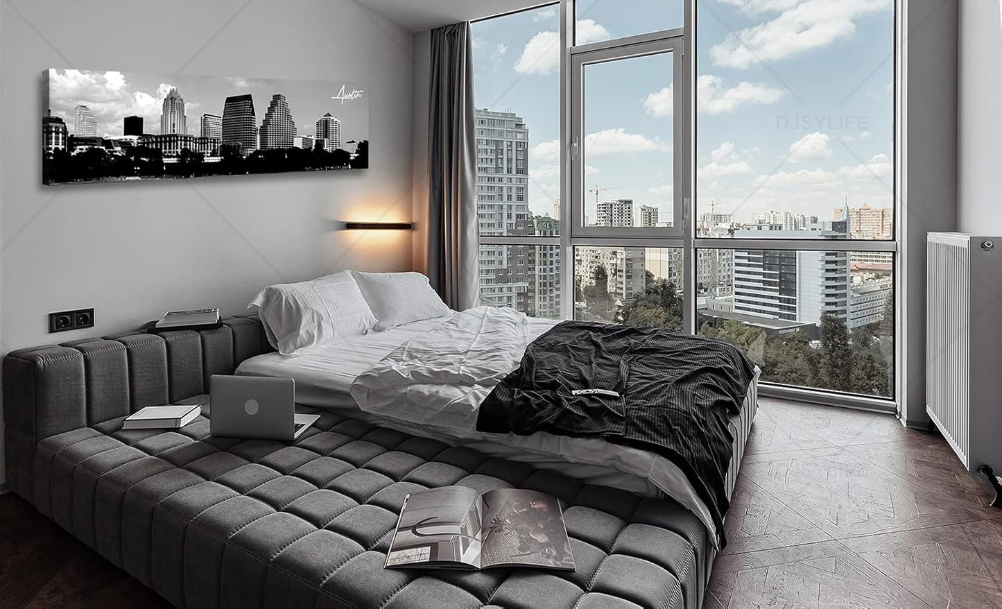 Austin Skyline Wall Art Black and White City Building for Living Room Cityscape Canvas Print Modern Home Decor Artwork Framed 14x48 Inch 1 Panels Panorama Pictures Landscape Poster Decoration