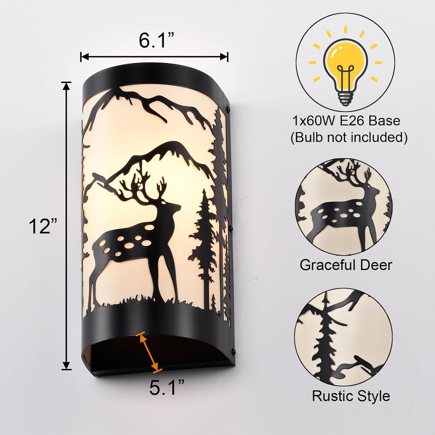 Black Wall Sconces Set of Two,Deer Metal Cream Parchment Rustic Wall Sconces,Farmhouse Indoor Wall Light Fixtures,Industrial Matte Sconce Light,Wall Lamps for Bedroom,Living Room,Hallway