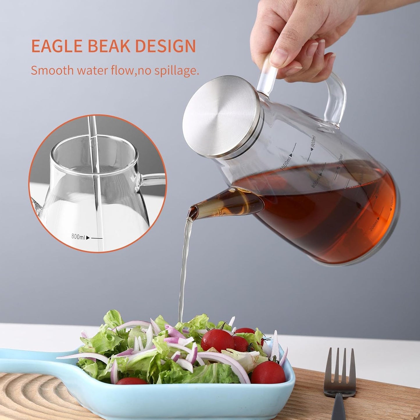 Large Glass Oil Dispenser Bottle for Kitchen Cooking Recipiente Para Aceite De Cocina Olive Oil Vinegar Dispenser Cruet Stainless Steel Lid No Drip Liquid Container (Clear, 34oz /1000ml)