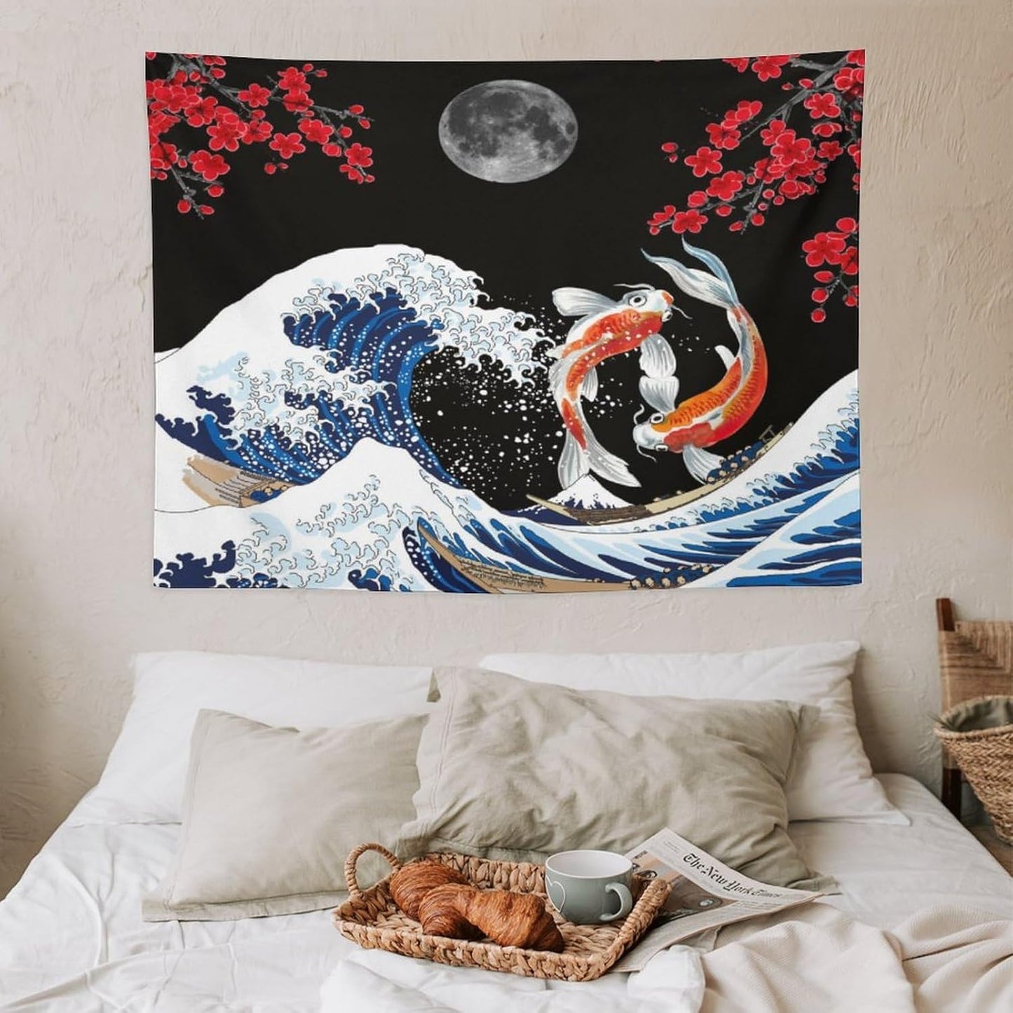 Houselerax Japanese Koi Fish Tapestry, Yin Yang Big Wave Red Cherry Blossom Tapestries Wall Hanging for Bedroom Living Room Office Decor 40"x30"