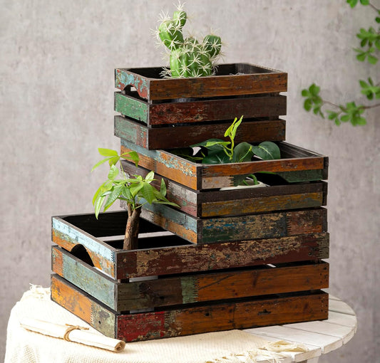 TIMRIS Set of 3 Rustic Distressed Wood Nesting Crates, Farmhouse Decorative Wooden Storage Boxes, Large Vintage Reclaimed Wood Baskets for Display (Random)