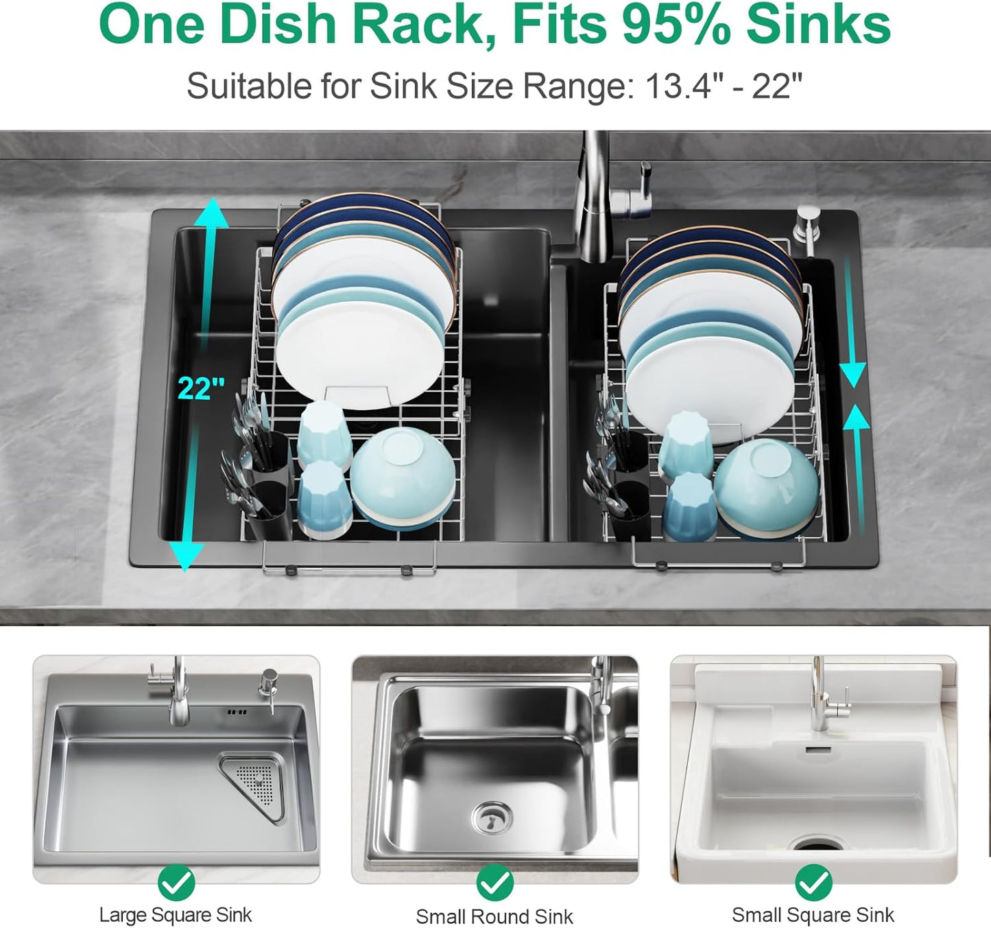 GSlife Expandable in Sink Dish Drying Rack - Stainless Steel Capacity Adjustable Over The Sink Dish Rack (13.4''-20.4''), Dish Drainer for Kitchen Sink Counter with Utensil Holder, Silver