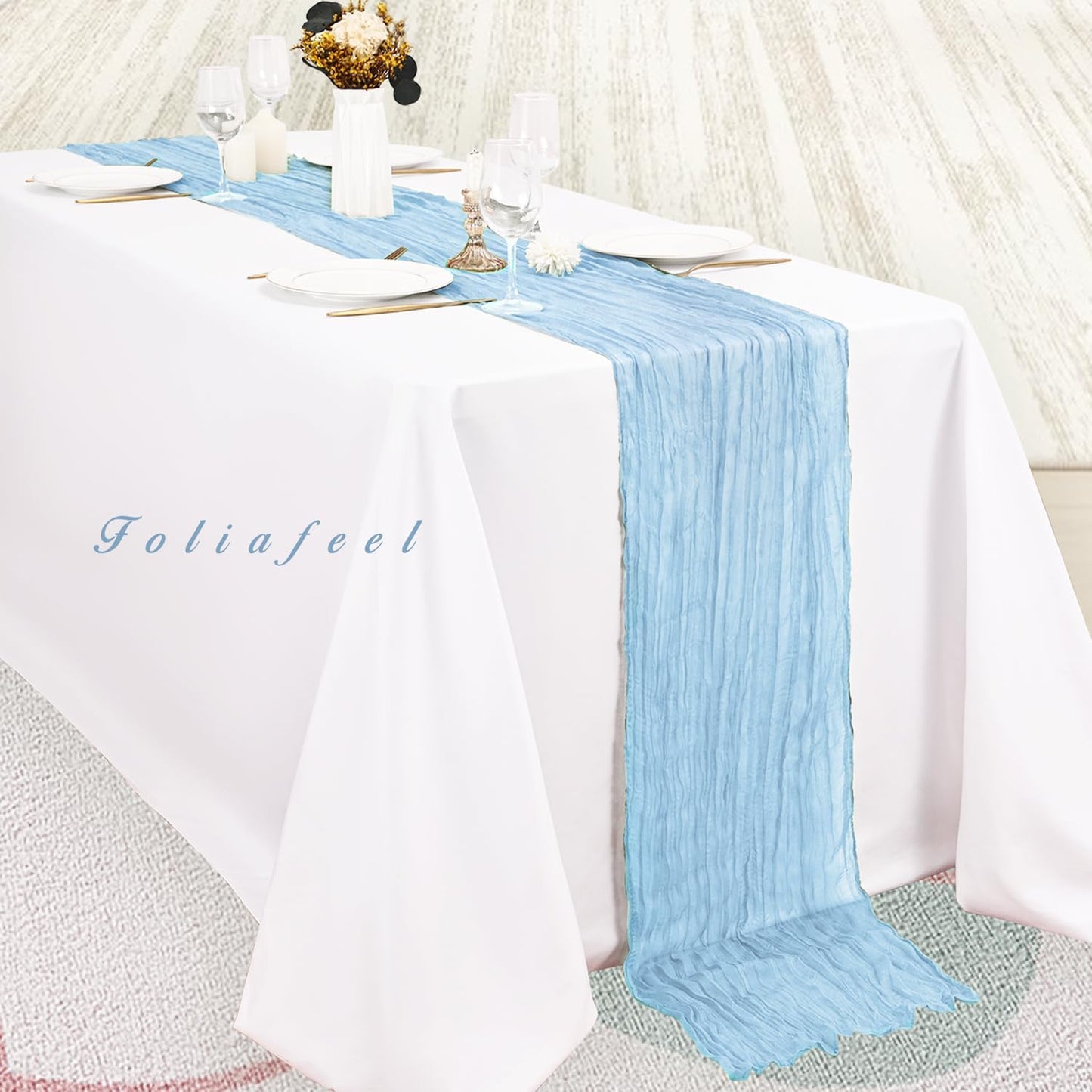 12 Pack Baby Blue Cheesecloth Table Runner 20 x 120 Inch Long Rustic Gauze Cheese Cloth Table Runner for Wedding 10FT Bridal Baby Shower Table Decorations Boho Fabric Sheer Birthday Party Table Decor