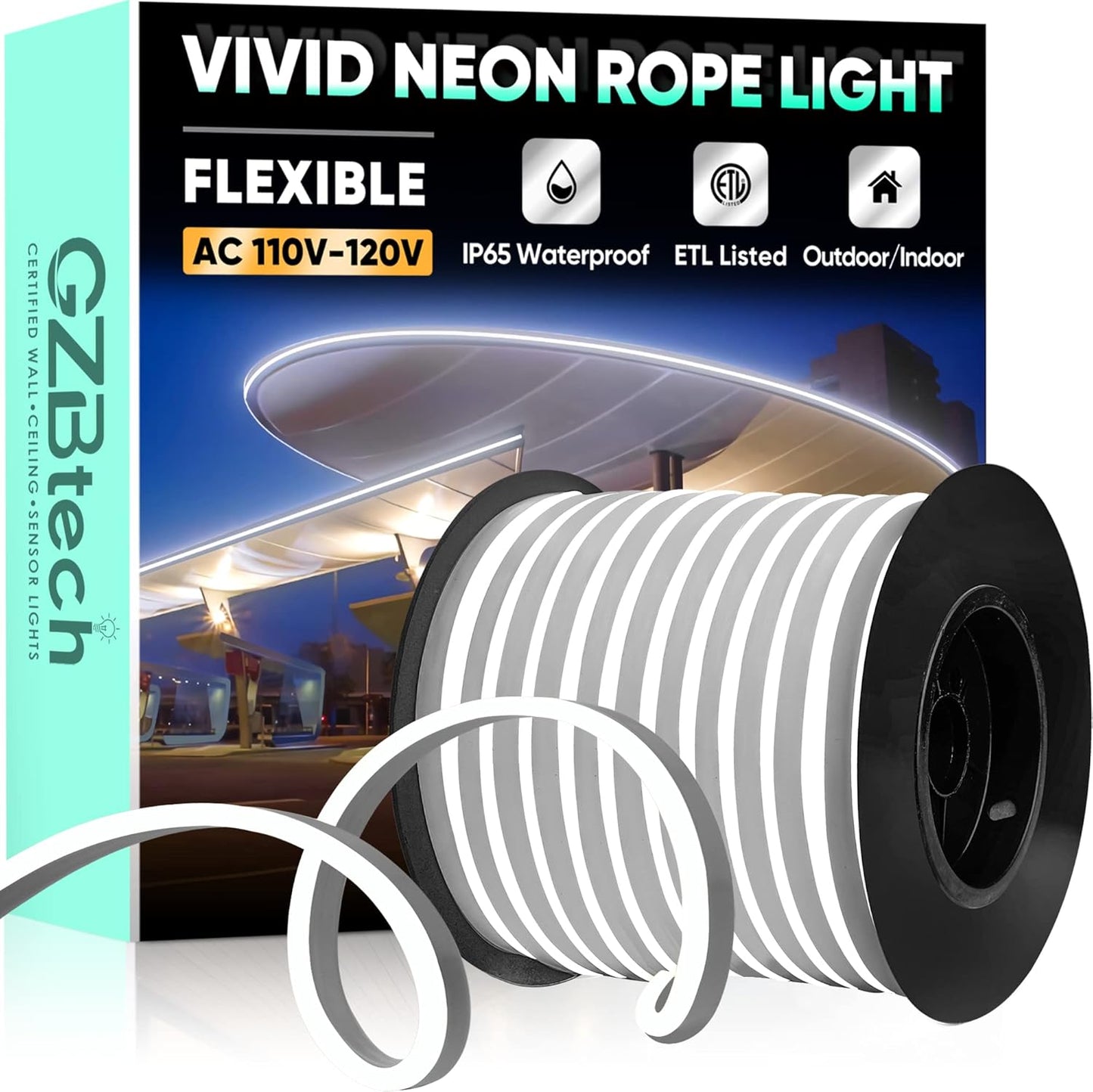 GZBtech Flexible LED Neon Rope Lights 132FT,AC 110-120V Waterproof Strip Light, 120 LEDs/M Cuttable Connectable Neon Lighting for Indoor Outdoor Home Decor/Commercial Building Use-Cold White 40M