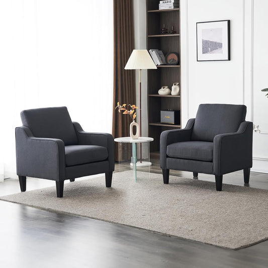 VINGLI Accent Chairs Set of 2 Living Room Chairs Dark Grey Reading Chair for Bedroom Scooped Arm Chair Mid Century Modern Linen Chairs Upholstered Comfy Chair for Apartment, Waiting Room