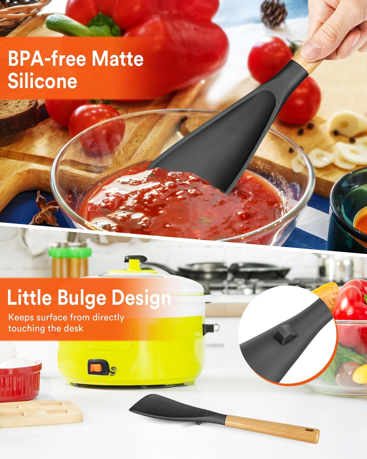 Multifunction Spatula Spoon for Nonstick Cookwares, Great for Cooking and Serving, Sturdy BPA-Free Matte Silicone, Wood Handle Spatula for Mixing, Scoop, and Scrape, Grey(2 pack,11.4" & 13.4")