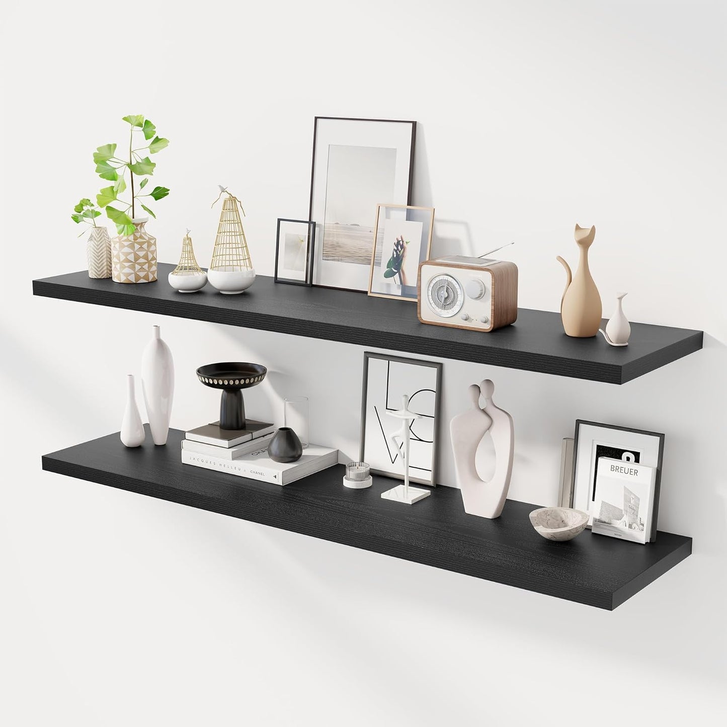 55" Floating Shelves for Wall, 12" Deep Slim Black Floating Shelves, Wall-Mounted Shelves for Bedroom, Living Room, Kitchen, Bathroom - Set of 2