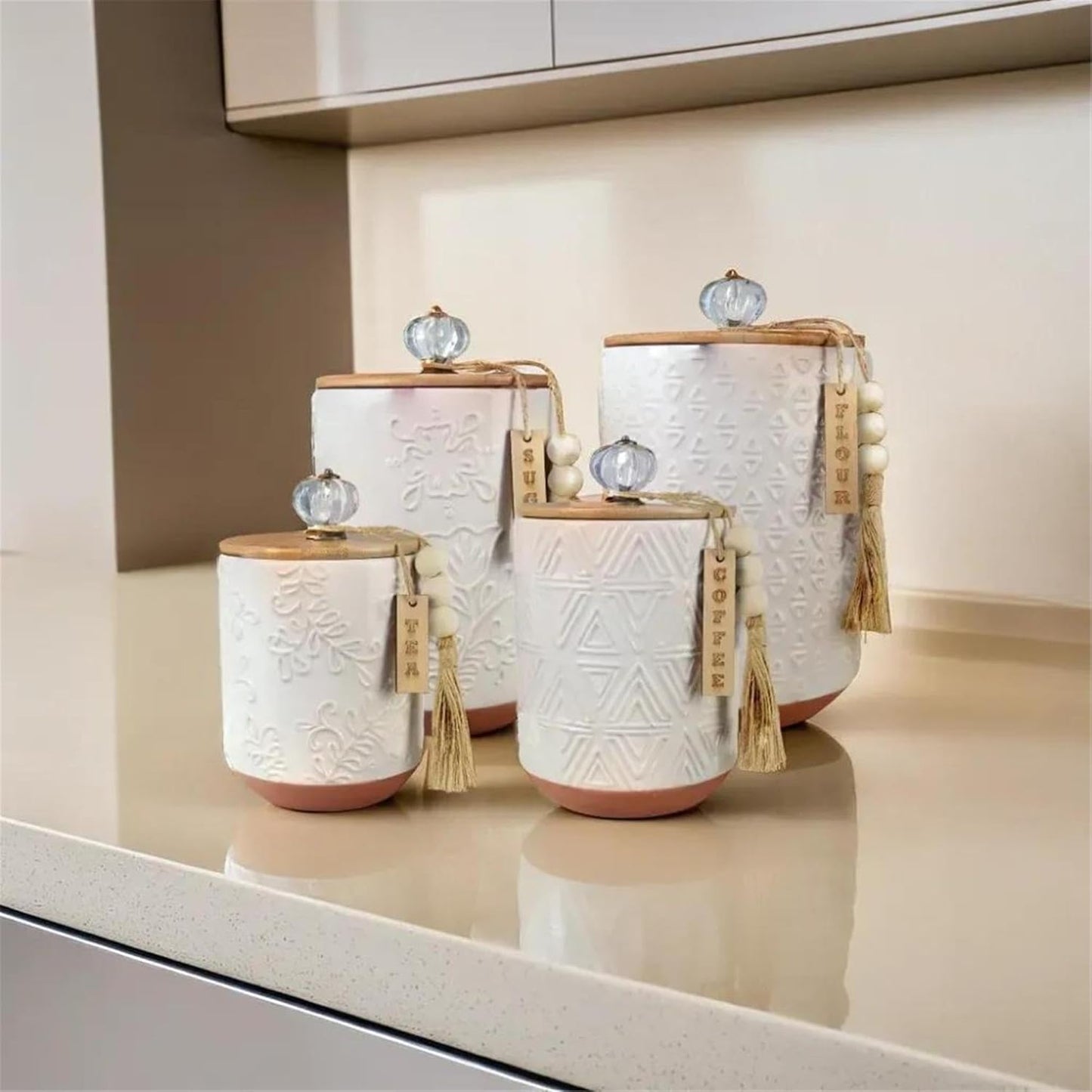 Youngs 21207 Ceramic Canister with Wood Lid and Silicon Seal, Crystal Knob and Blessing Bead Tassel Accent, 4-piece Set