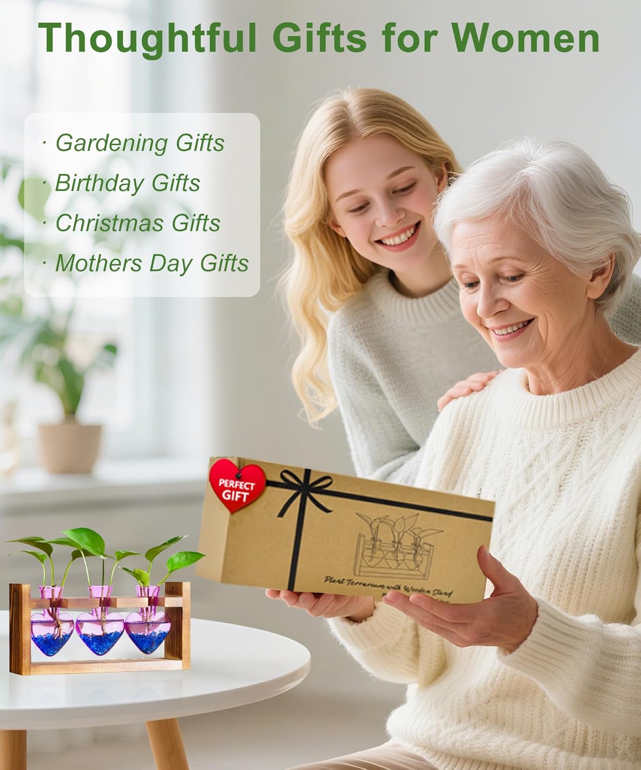 Nacome Plant Terrarium for Office Decor: Birthday Gifts for Plant Lovers Women Mom Wife - Wooden Stand Tabletop Planter 3 Bulb Glass Vase Heart Shaped for Hydroponics Indoor Home(Purple)