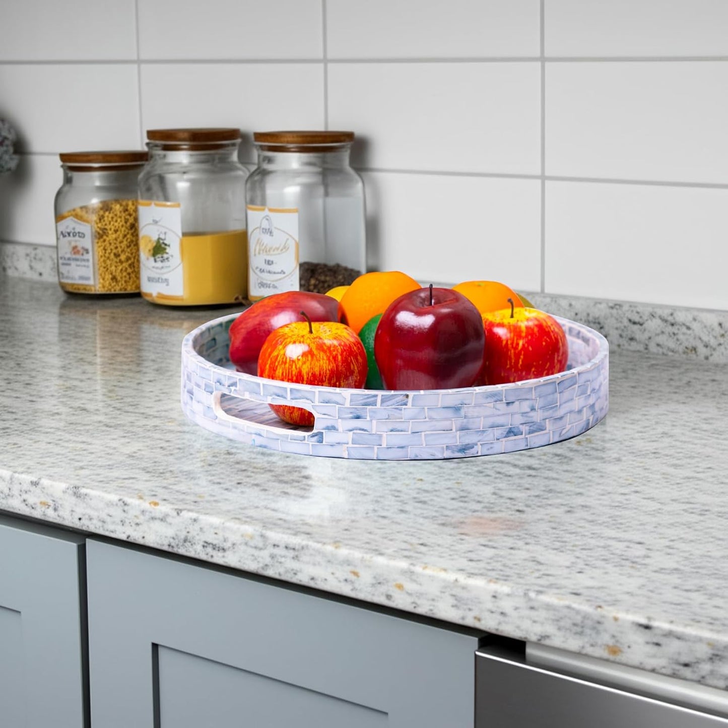 CLAYNIX Serving Tray 12.5 Inch, Wooden Lacquer Tray with Mother of Pearl Inlay, Elegant Tea & Breakfast Tray with Handles (Round)