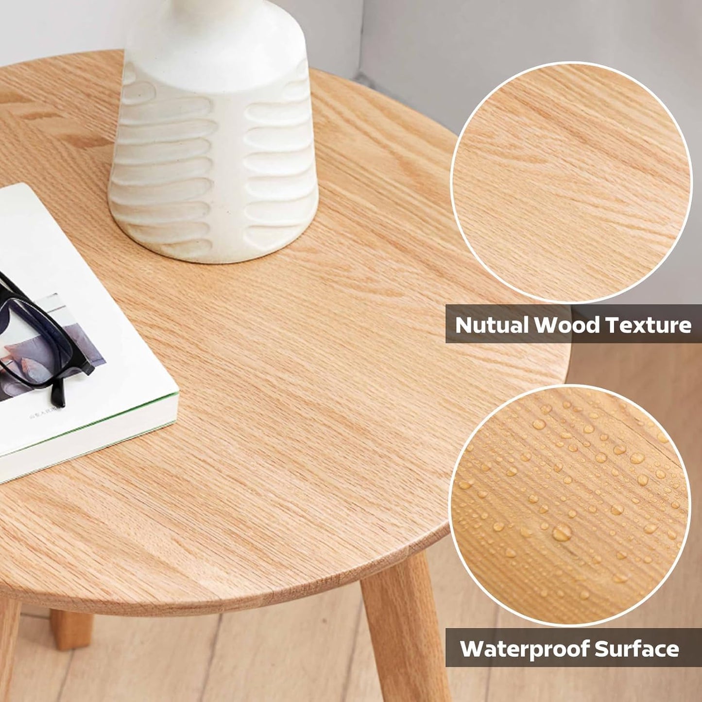 100% Solid Oak Round Side Table Set of 2, Small Bedside Table for Small Spaces, Living Room End Table with Stable Frame, Modern Nightstand for Bedroom Couch(Natural, 17.71" D x 19.68" H)