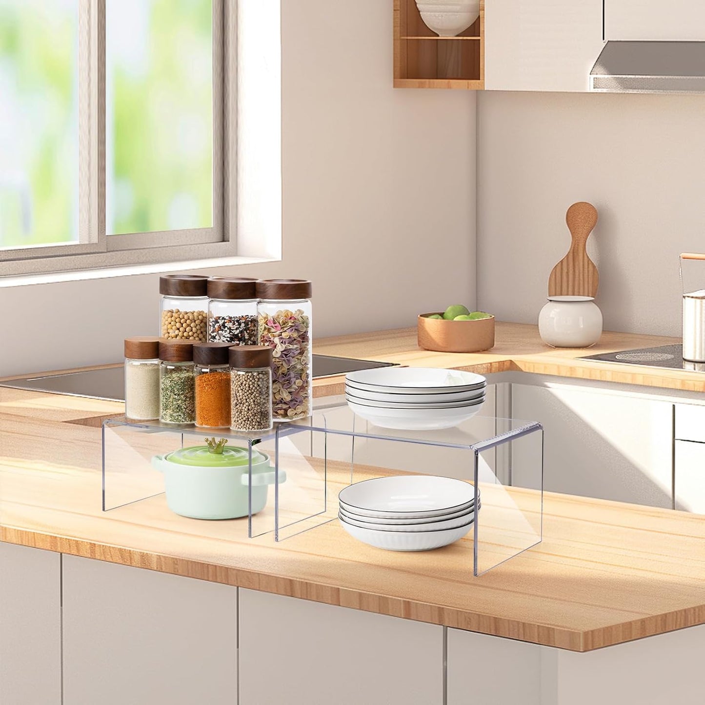 Acrylic Clear Kitchen Rack for Dishes, Spices Jars and Mugs, Kitchen Counter Cabinet Organizer, Clear Spice Rack Shelves, 5mm Thick, 2 Pack