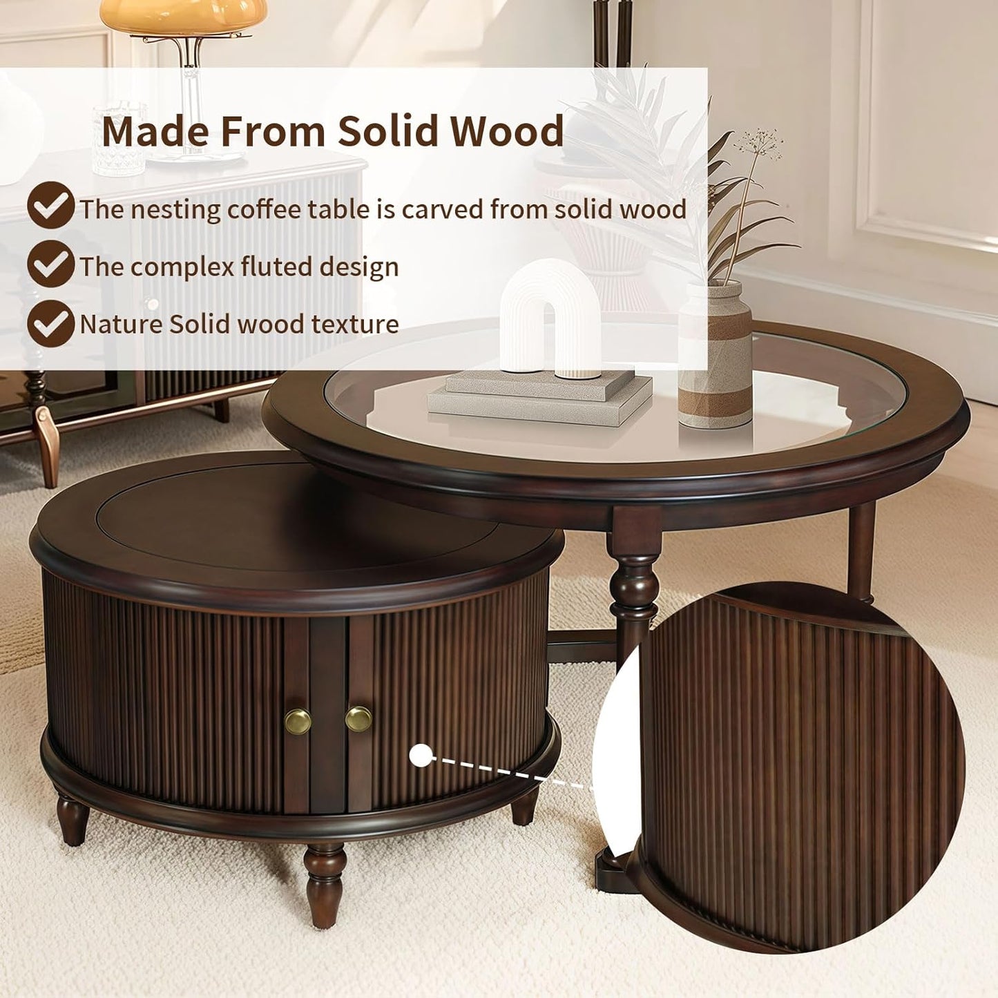 31.5'' Nesting Coffee Table Set of 2, Solid Wood Round Nesting Coffee Table Fluted with Storage, Brown Modern Coffee Table Set for Living Room Office