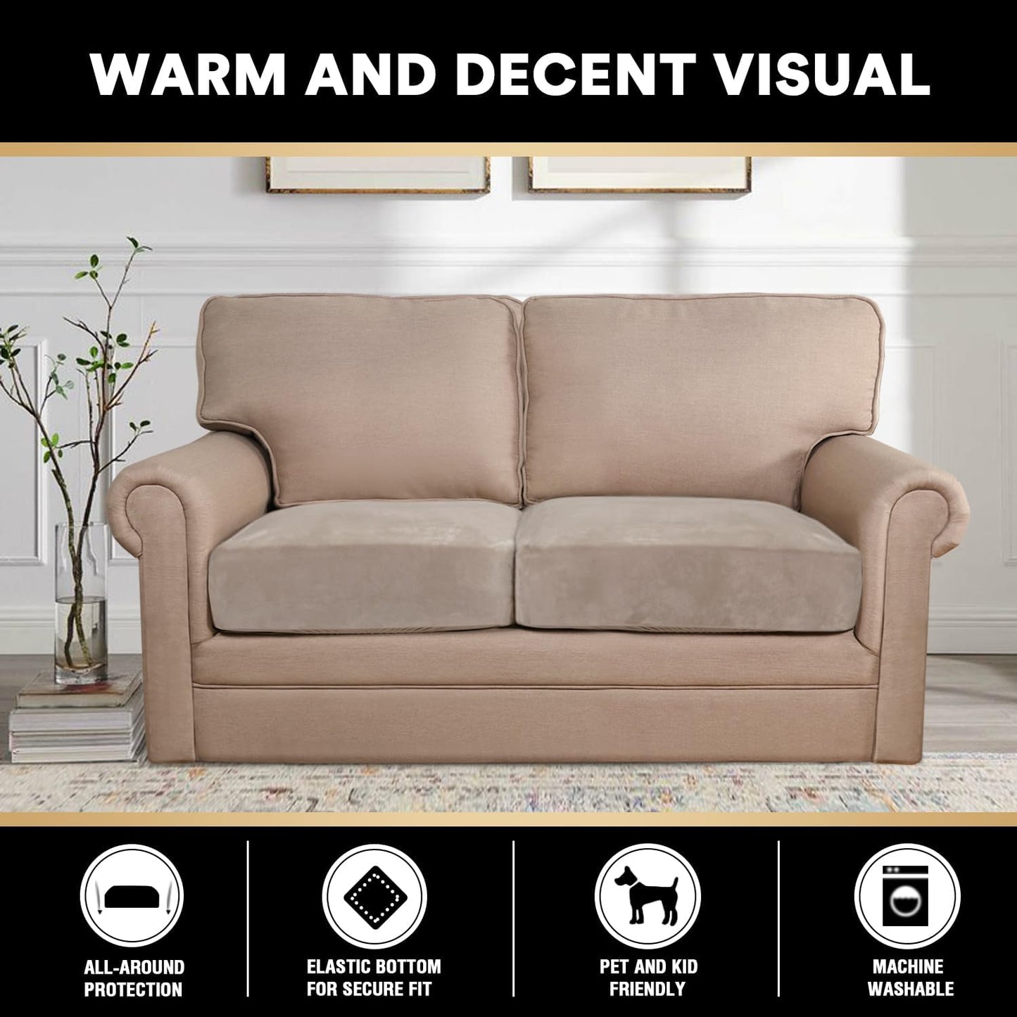 PrinceDeco Stretch Velvet Cushion Cover Sofa Cushion Slipcover for Loveseat Sofa Couch Cushion Furniture Protector Seat Cushion Sofa Cover(Each Width Up to 29.5", Oatmeal)