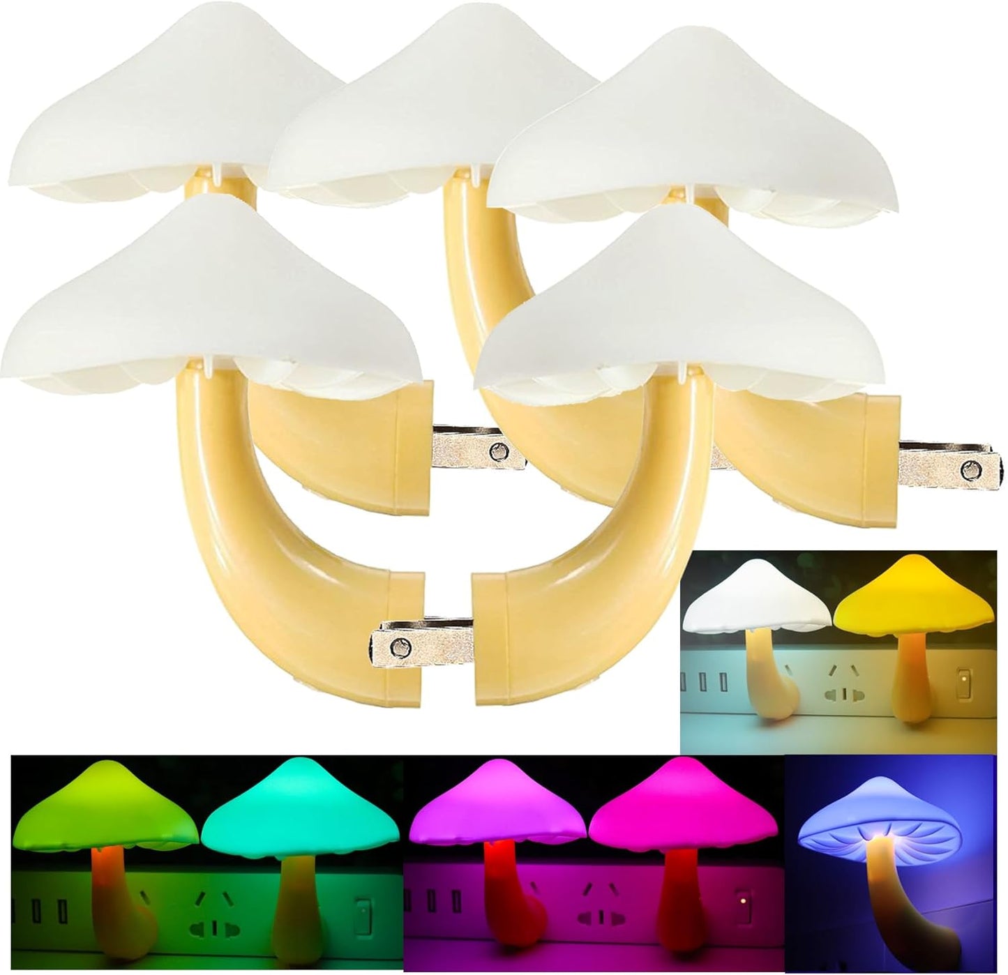 AUSAYE 5Pack Sensor LED Night Light Plug in Lamp 7 Color Changing Mushroom Light Cute Night Lights for Adults Kids NightLight Bedroom,Bathroom,Toilet,Hallway,Stairs,Kitchen,Basement